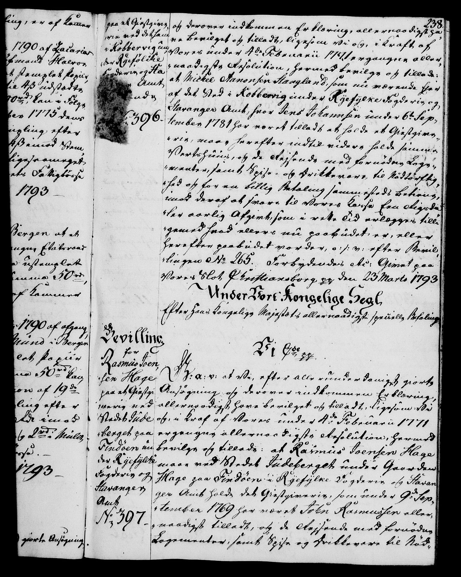 Rentekammeret, Kammerkanselliet, AV/RA-EA-3111/G/Gg/Gga/L0015: Norsk ekspedisjonsprotokoll med register (merket RK 53.15), 1790-1791, p. 238