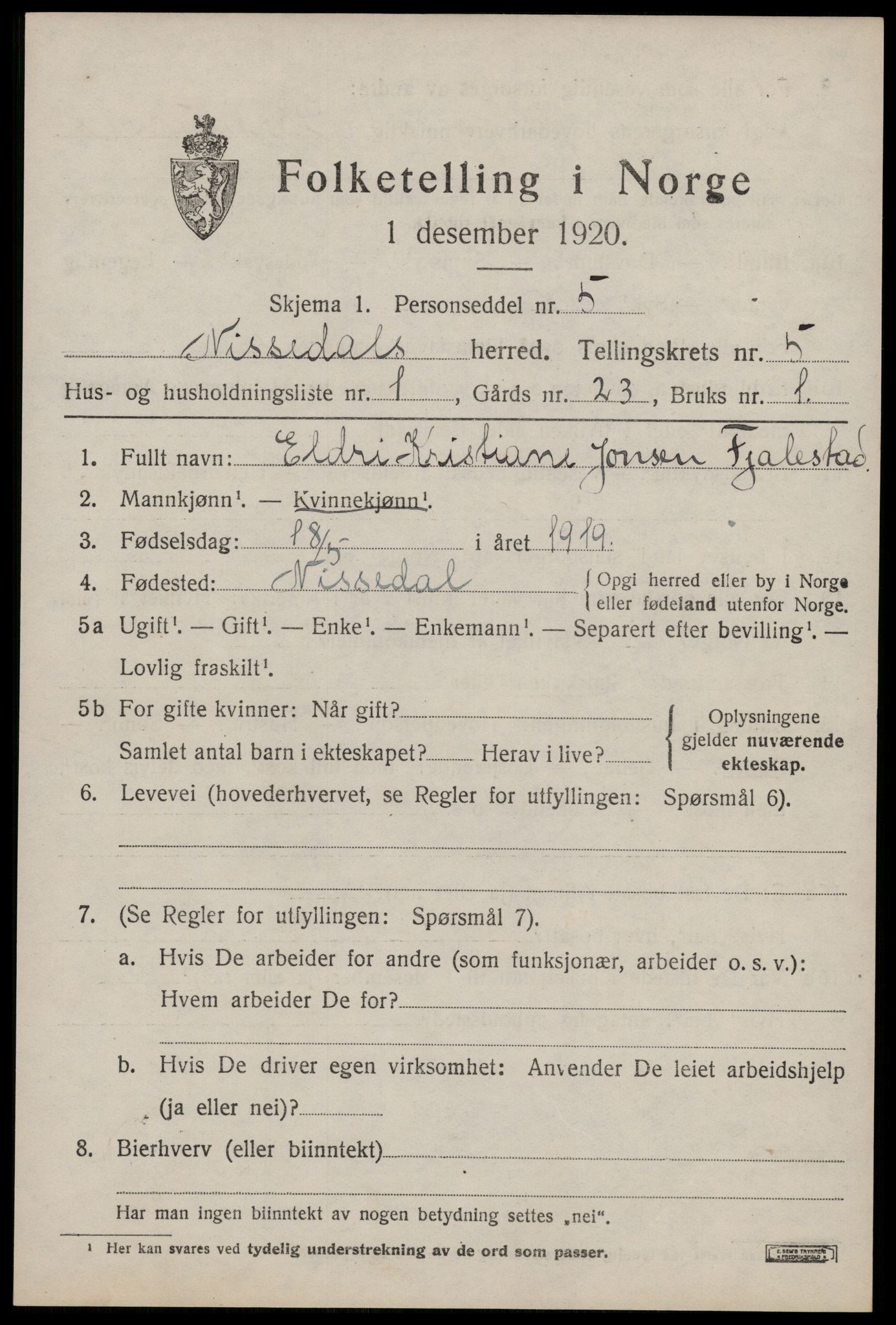 SAKO, 1920 census for Nissedal, 1920, p. 2039