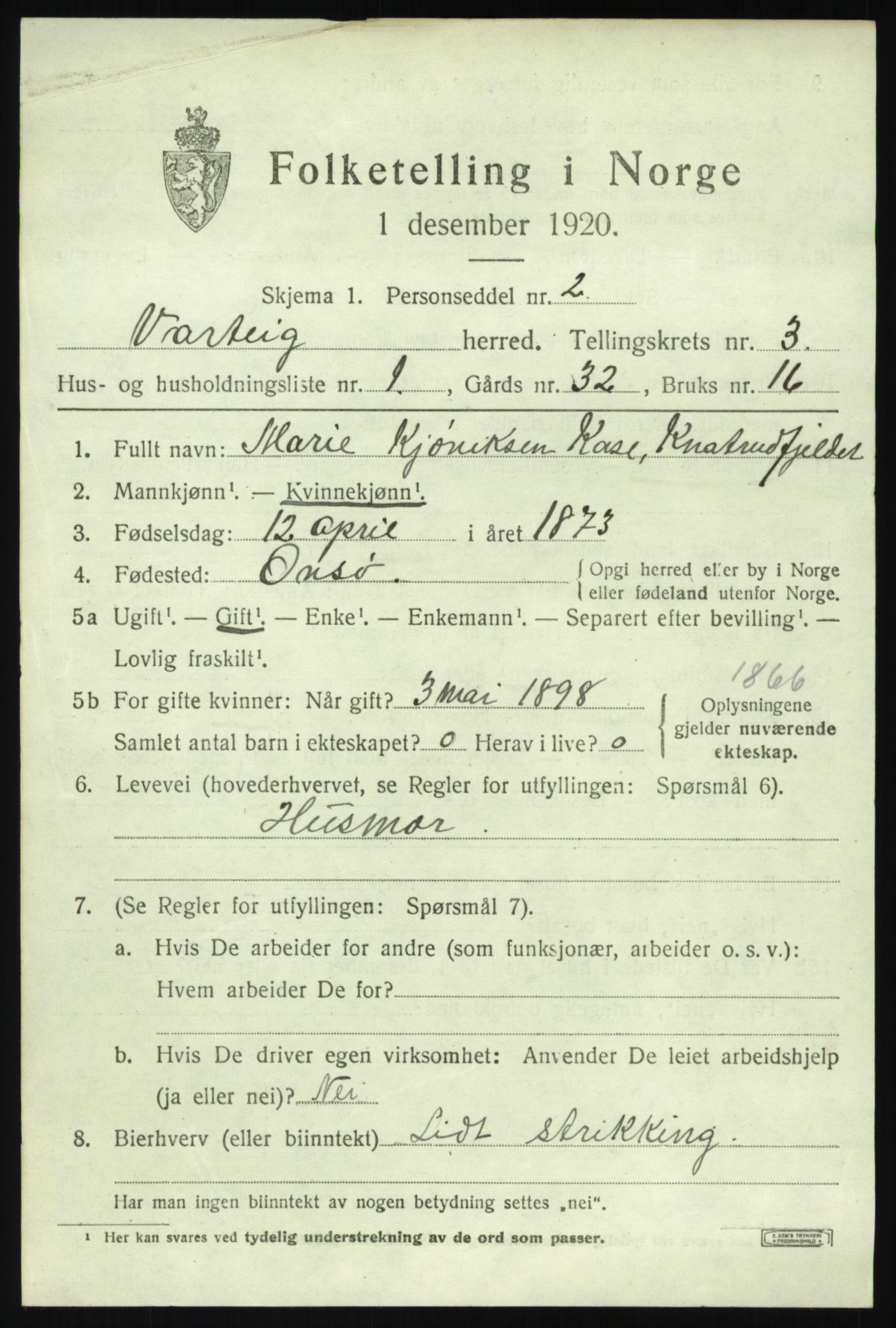 SAO, 1920 census for Varteig, 1920, p. 1947