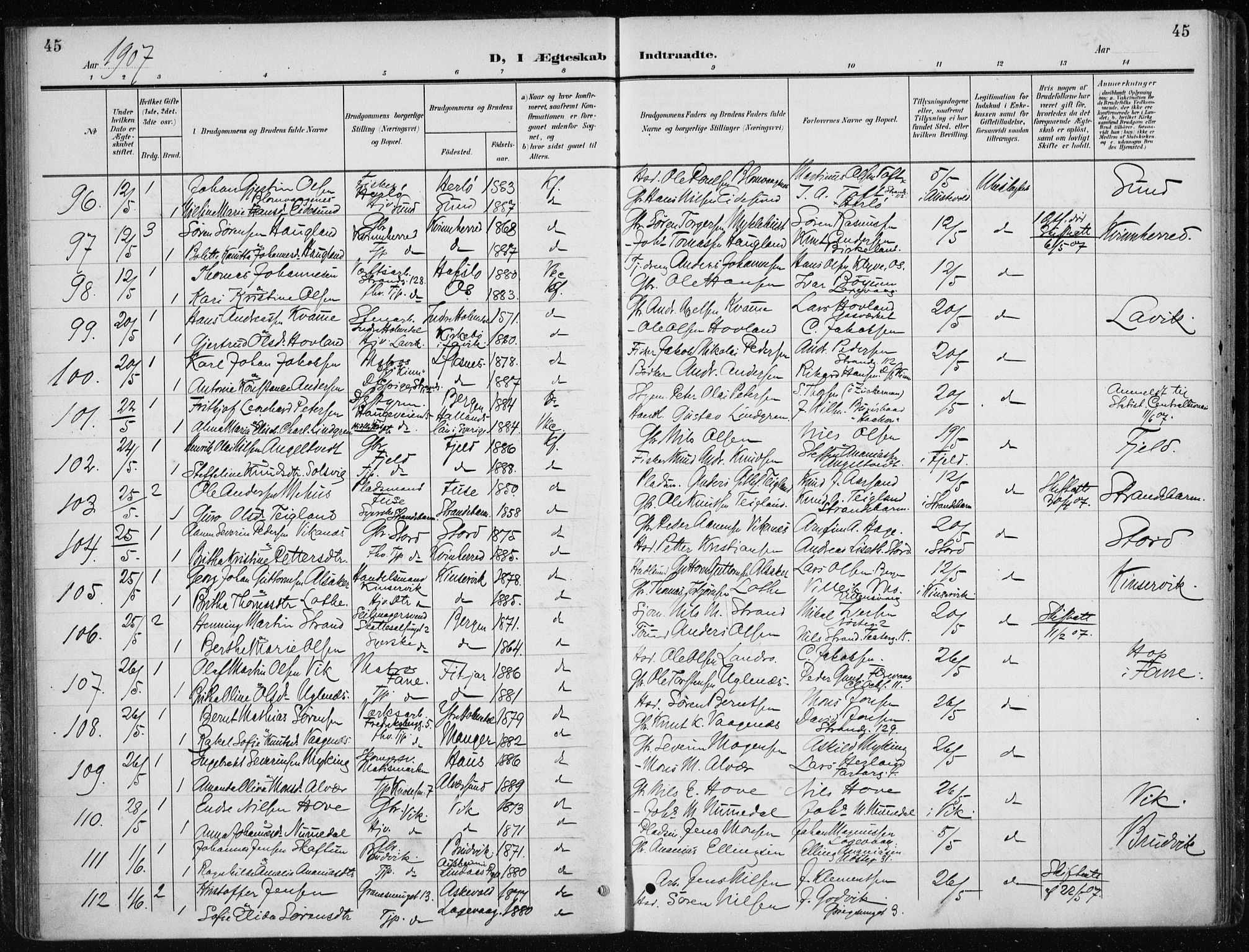 Nykirken Sokneprestembete, AV/SAB-A-77101/H/Haa/L0035: Parish register (official) no. D 5, 1905-1913, p. 45