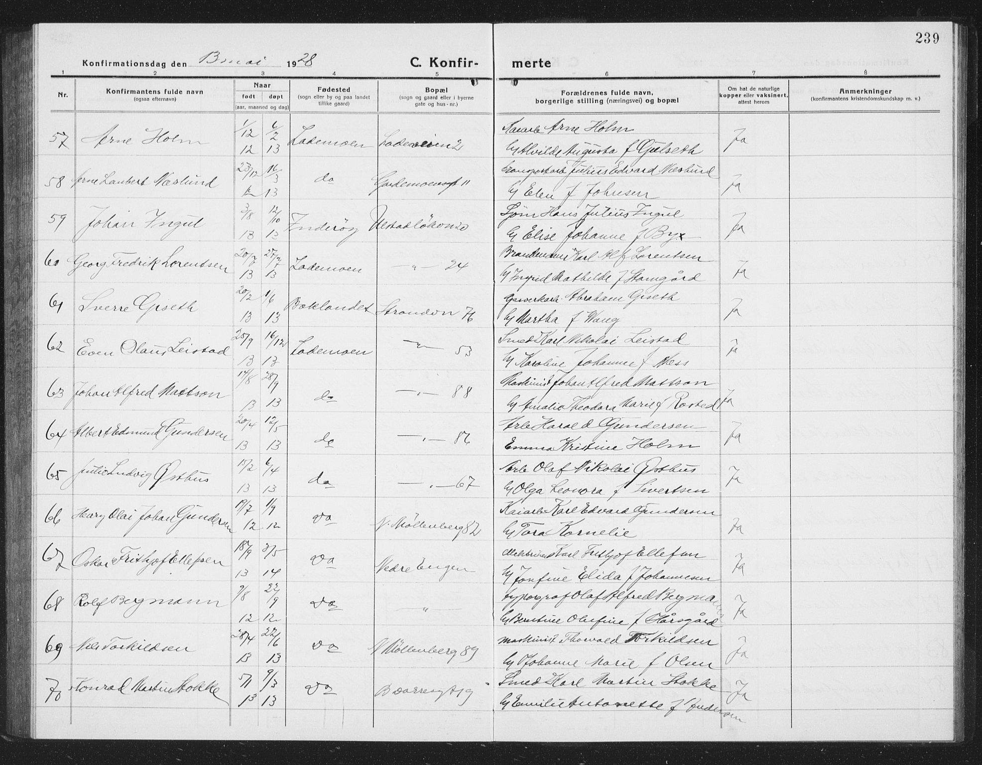 Ministerialprotokoller, klokkerbøker og fødselsregistre - Sør-Trøndelag, AV/SAT-A-1456/605/L0258: Parish register (copy) no. 605C05, 1918-1930, p. 239