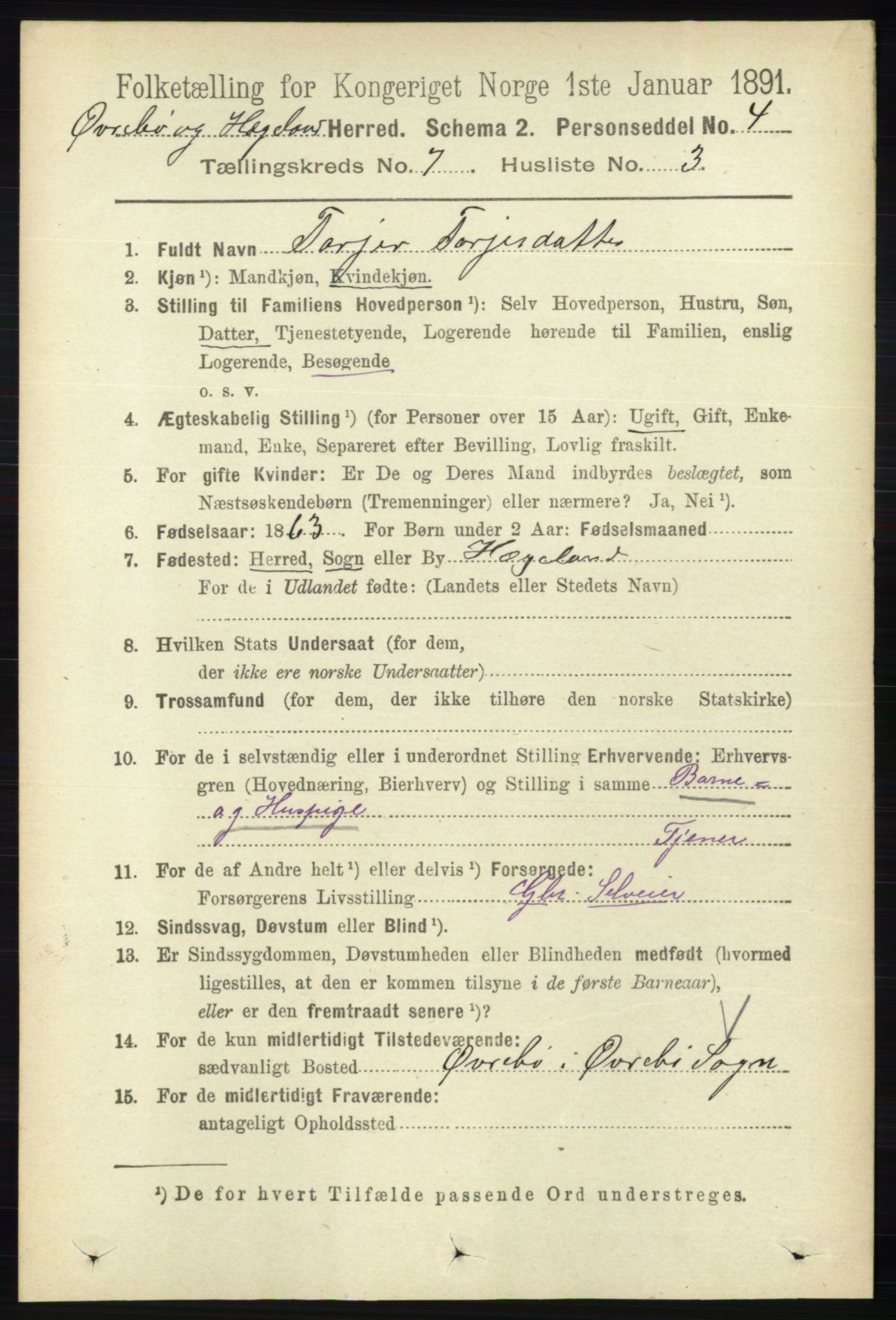 RA, 1891 census for 1016 Øvrebø og Hægeland, 1891, p. 1354