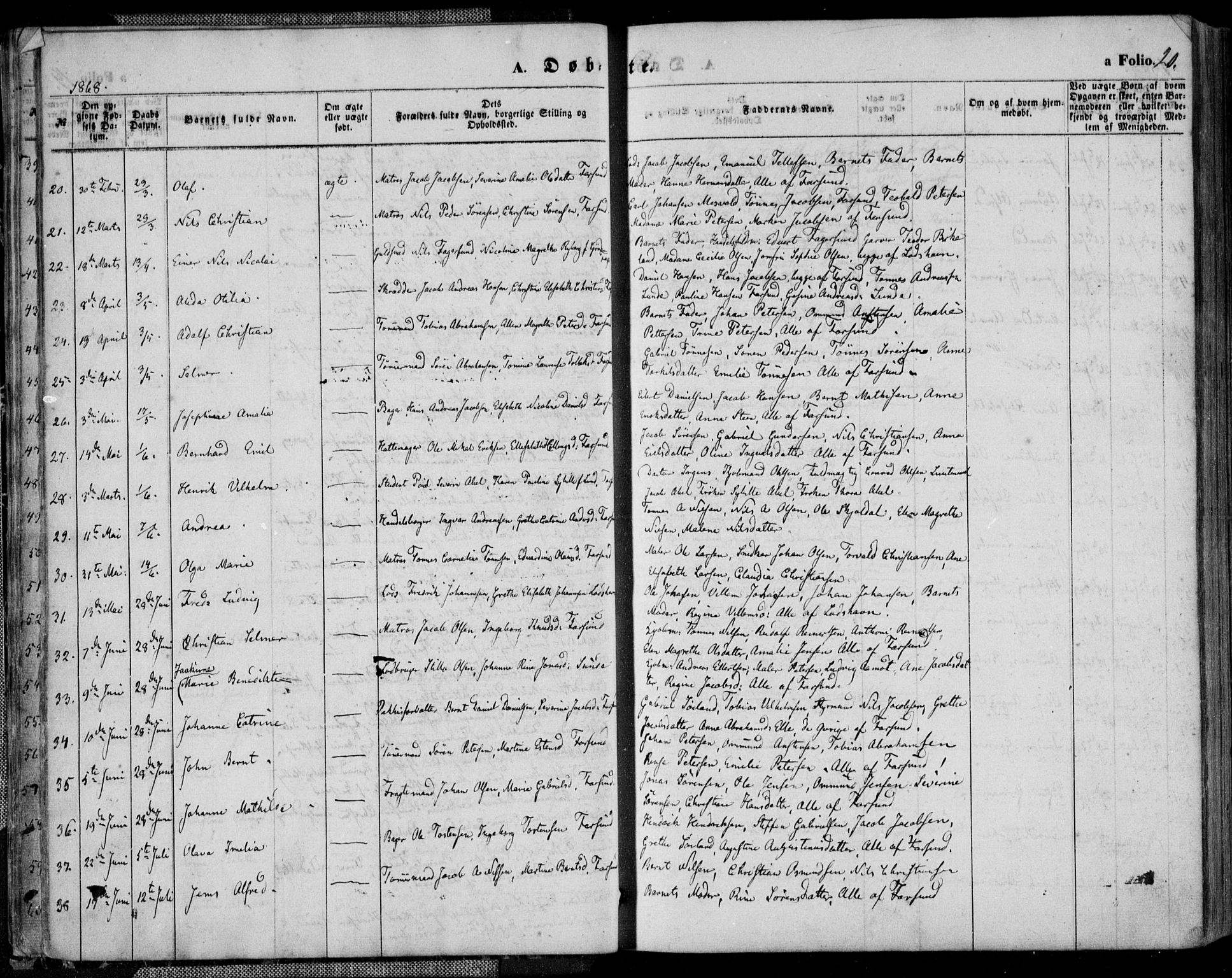 Farsund sokneprestkontor, SAK/1111-0009/F/Fa/L0005: Parish register (official) no. A 5, 1863-1886, p. 20