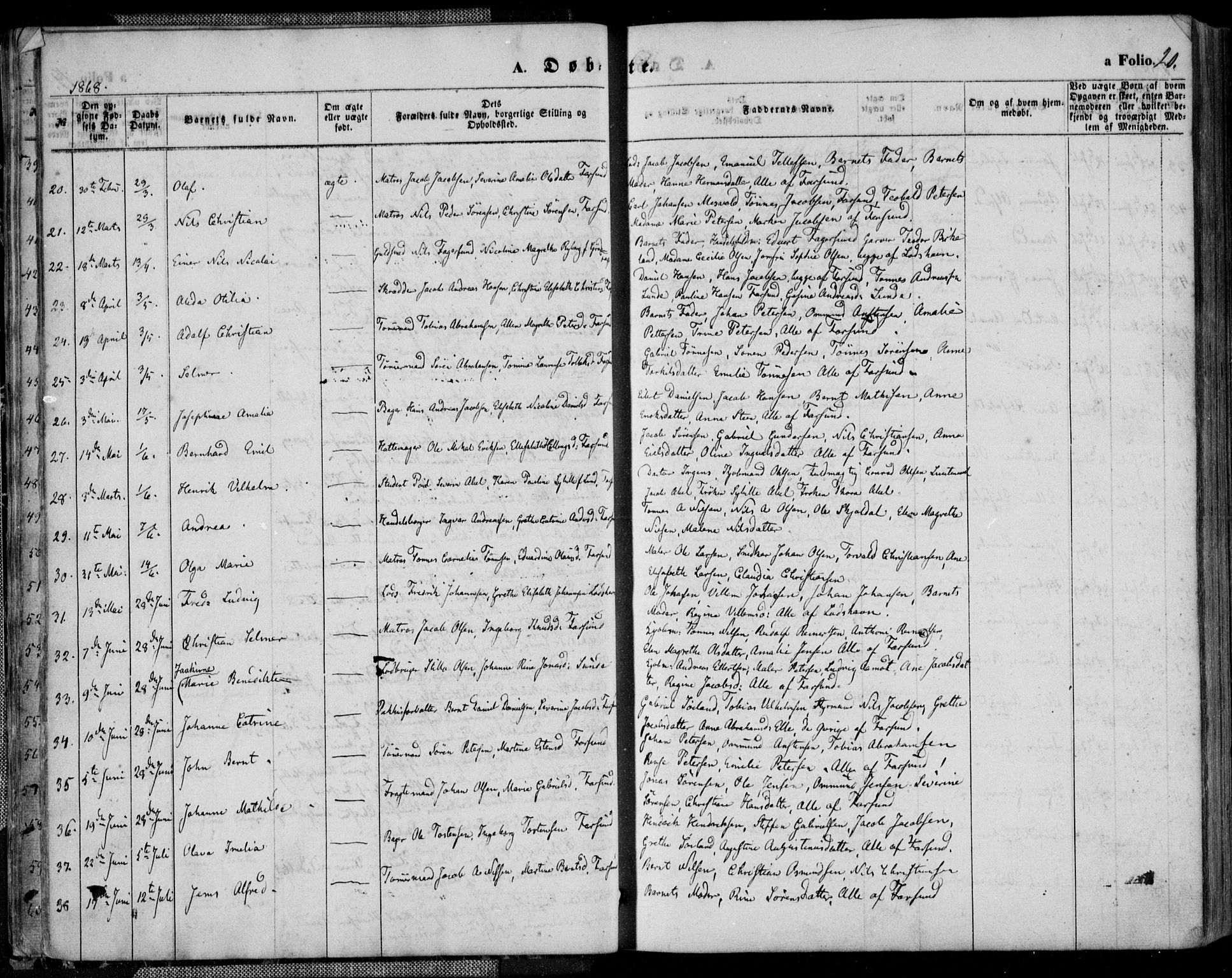 Farsund sokneprestkontor, AV/SAK-1111-0009/F/Fa/L0005: Parish register (official) no. A 5, 1863-1886, p. 20