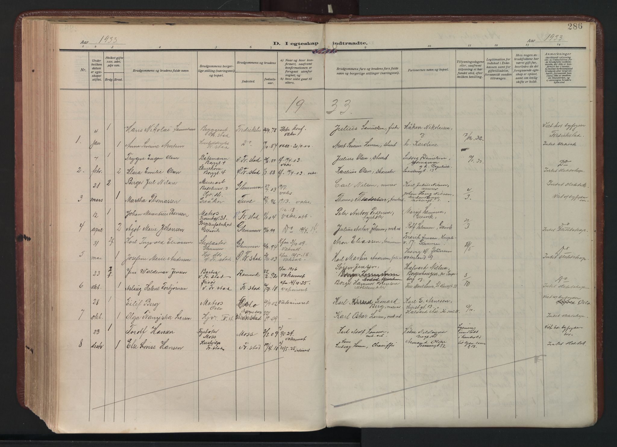 Fredrikstad domkirkes prestekontor Kirkebøker, AV/SAO-A-10906/F/Fa/L0009: Parish register (official) no. 9, 1908-1946, p. 286