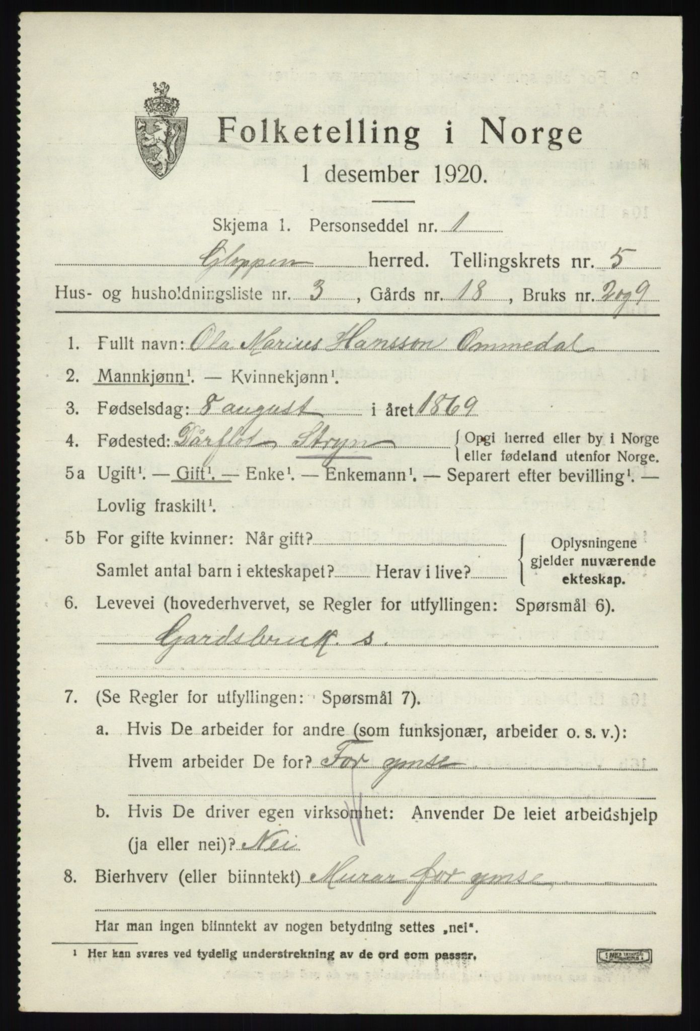 SAB, 1920 census for Gloppen, 1920, p. 3358