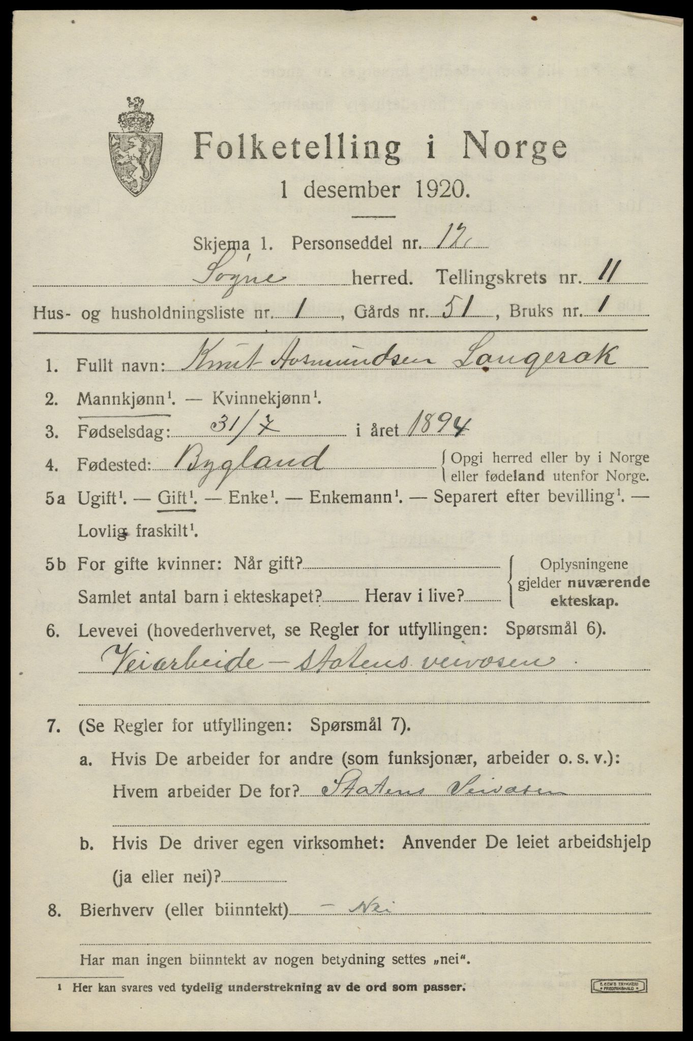SAK, 1920 census for Søgne, 1920, p. 5621