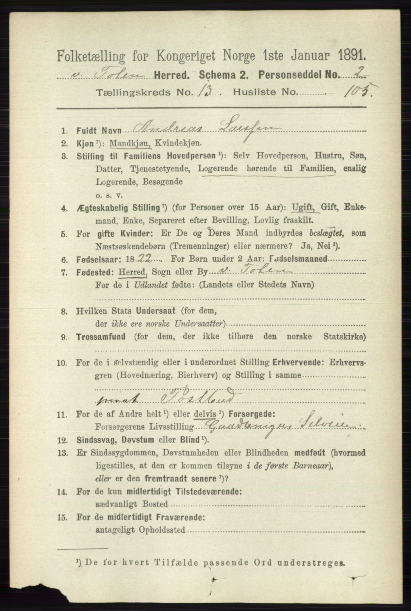 RA, 1891 census for 0529 Vestre Toten, 1891, p. 8385