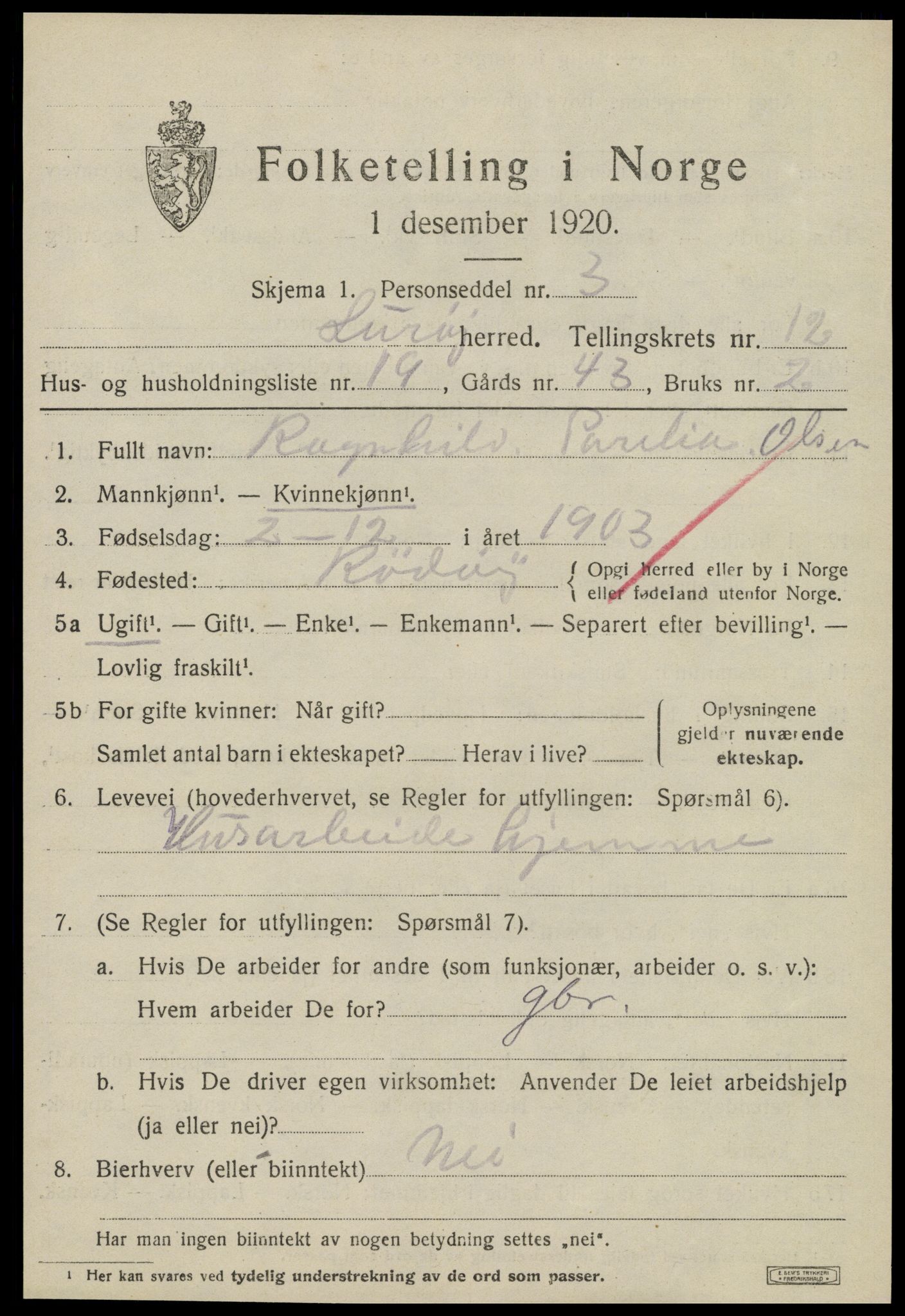 SAT, 1920 census for Lurøy, 1920, p. 5173