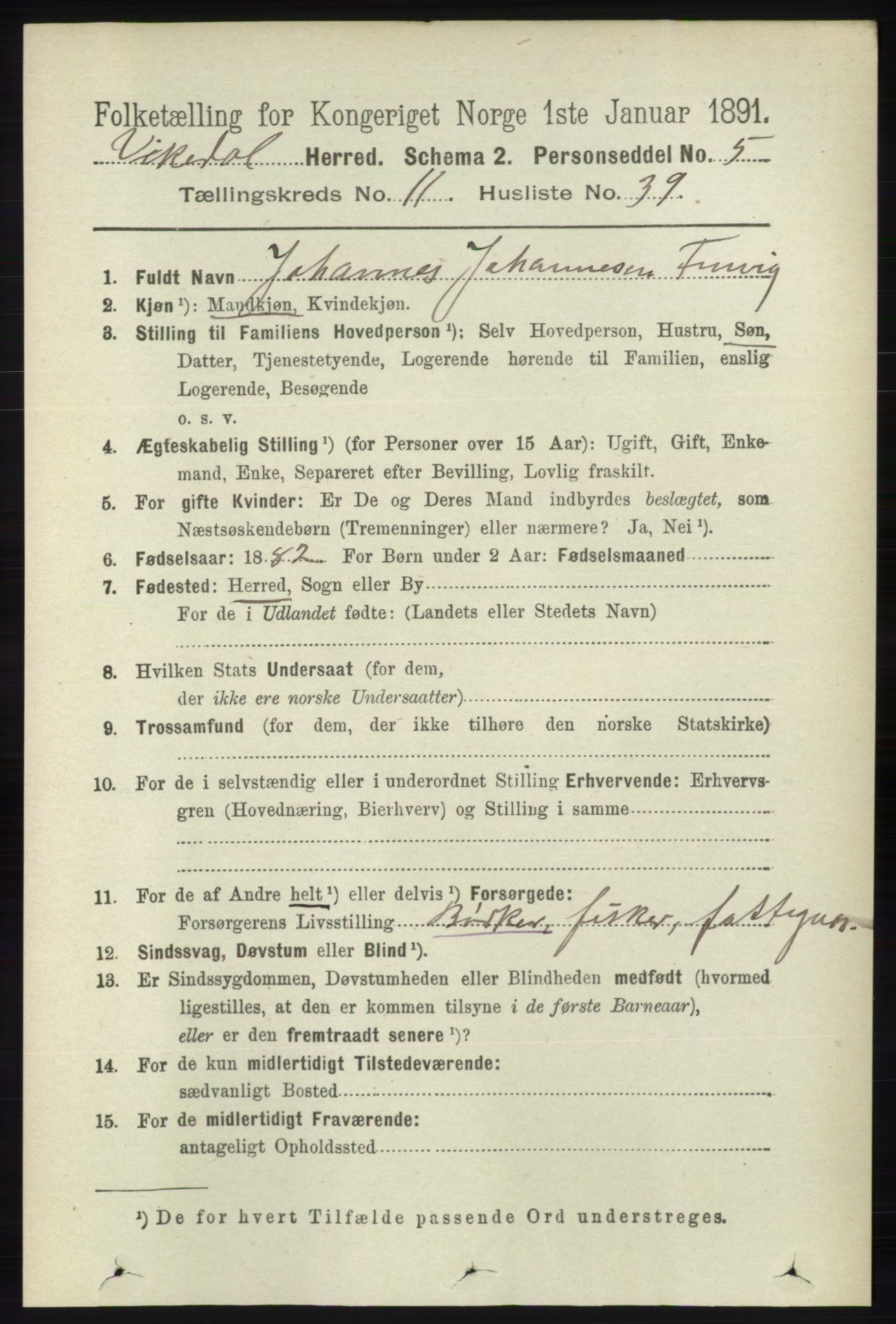 RA, 1891 census for 1157 Vikedal, 1891, p. 3085