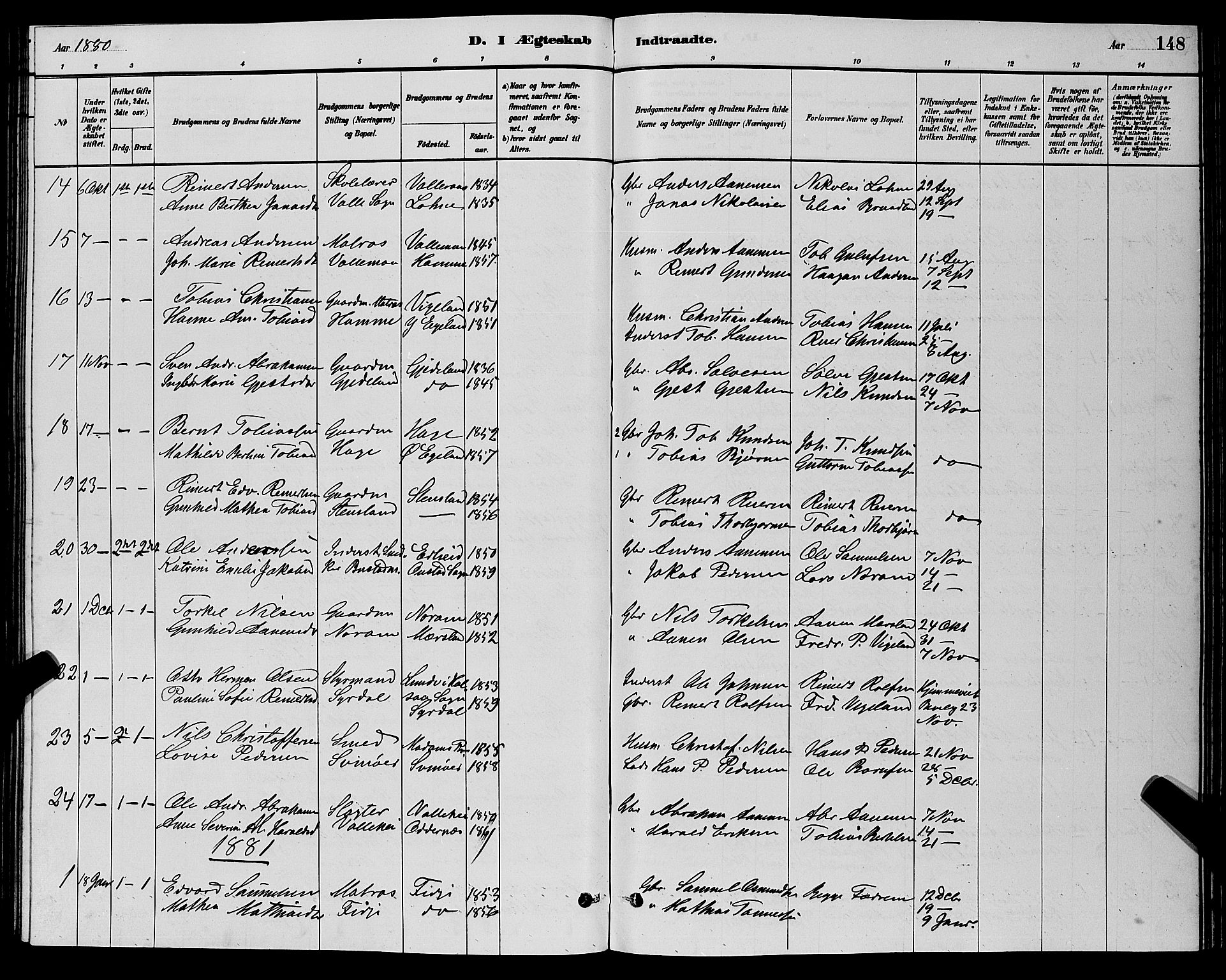 Sør-Audnedal sokneprestkontor, AV/SAK-1111-0039/F/Fb/Fbb/L0005: Parish register (copy) no. B 5, 1880-1892, p. 148