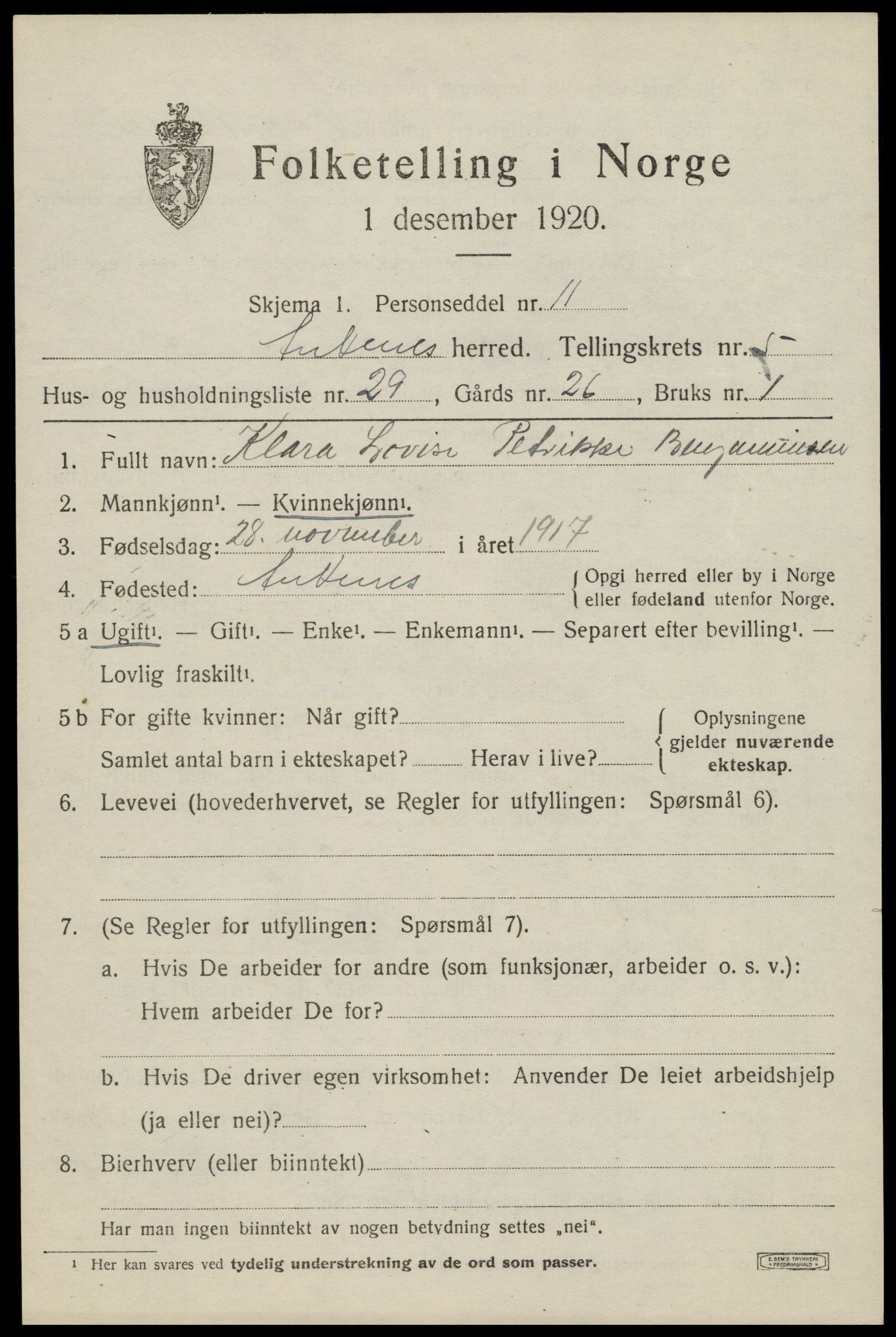 SAT, 1920 census for Ankenes, 1920, p. 3425