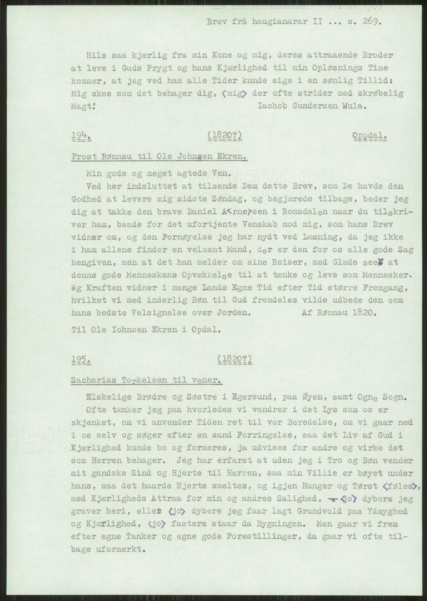 Samlinger til kildeutgivelse, Haugianerbrev, AV/RA-EA-6834/F/L0002: Haugianerbrev II: 1805-1821, 1805-1821, p. 269