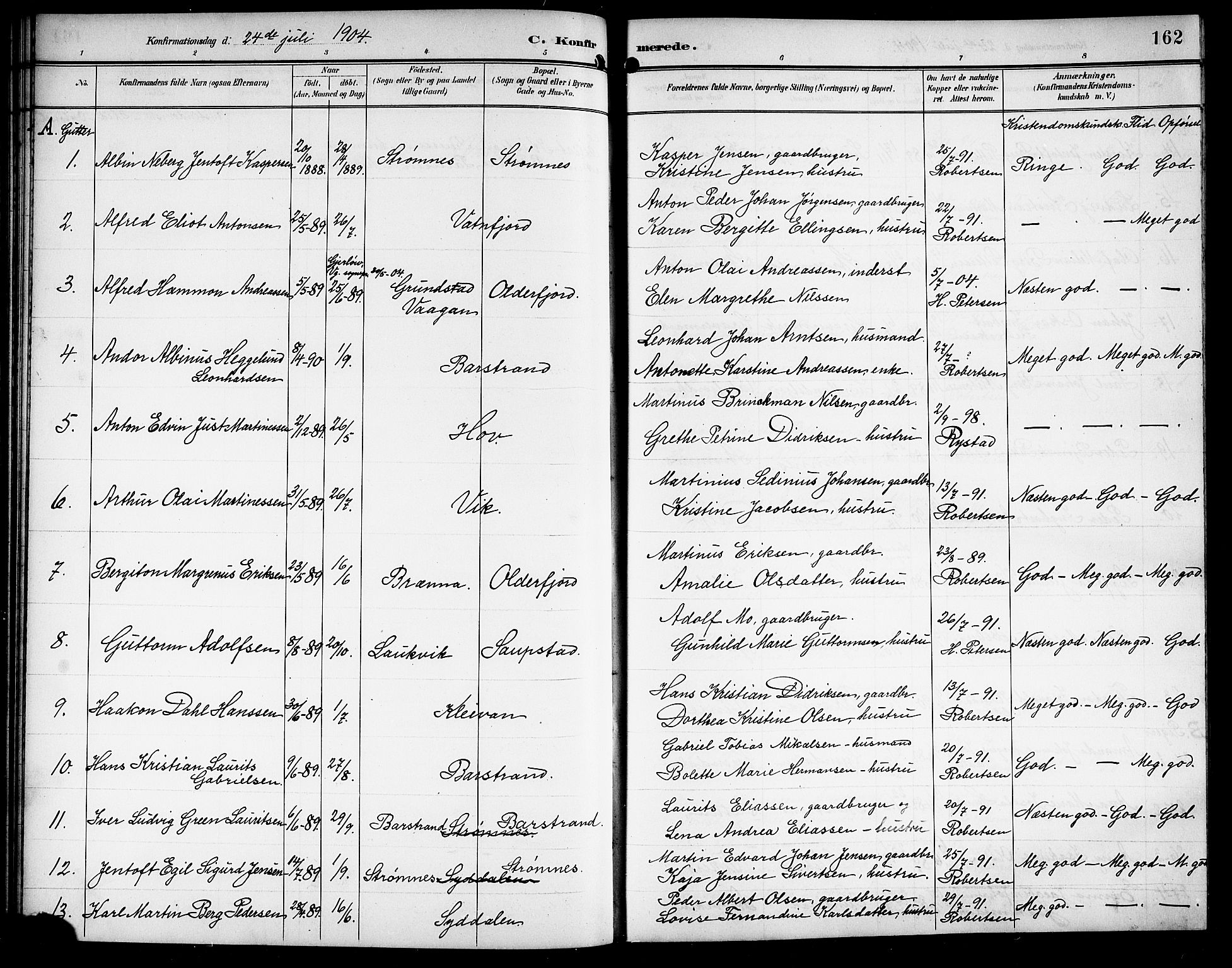 Ministerialprotokoller, klokkerbøker og fødselsregistre - Nordland, AV/SAT-A-1459/876/L1105: Parish register (copy) no. 876C04, 1896-1914, p. 162