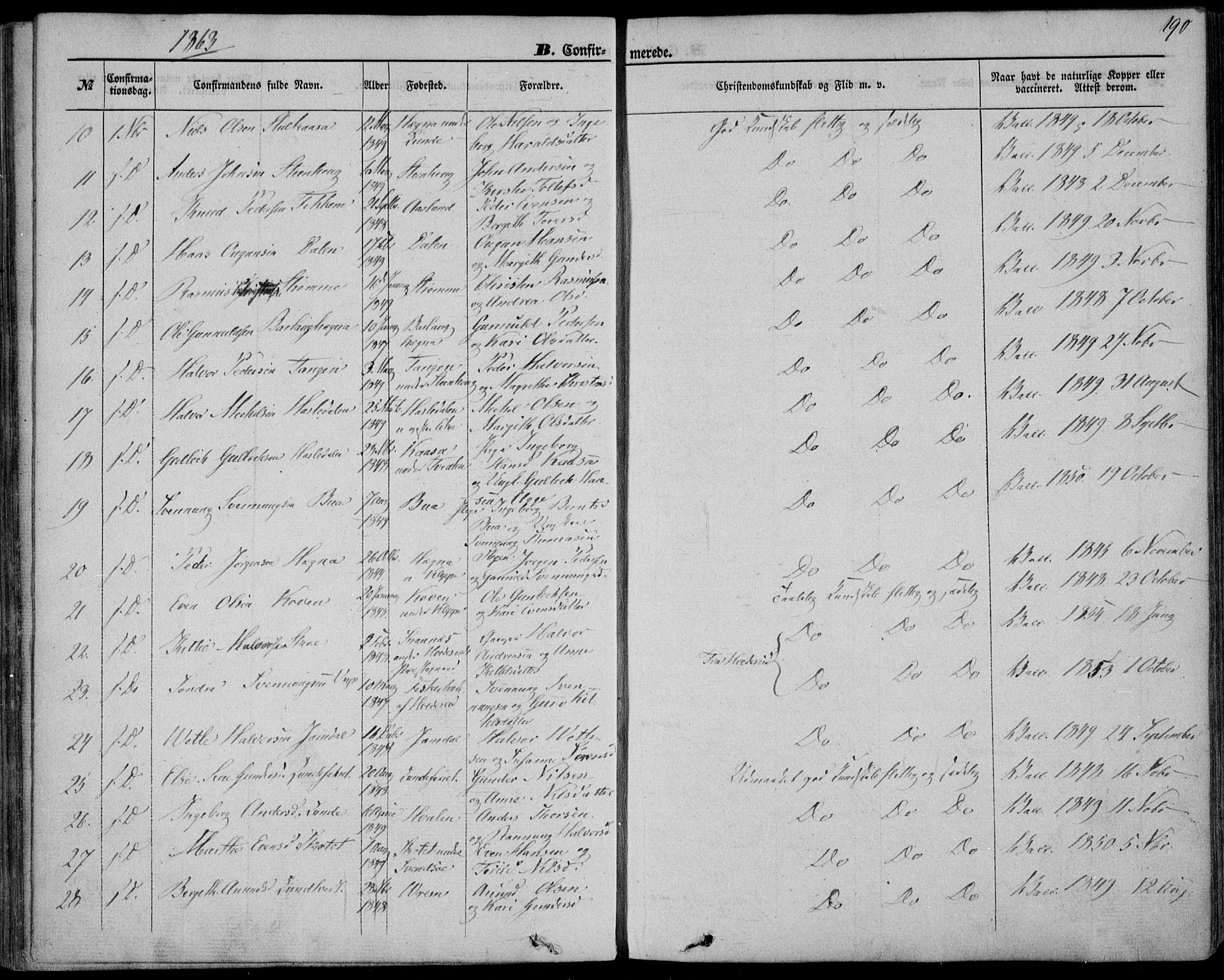 Bø kirkebøker, SAKO/A-257/F/Fa/L0009: Parish register (official) no. 9, 1862-1879, p. 190
