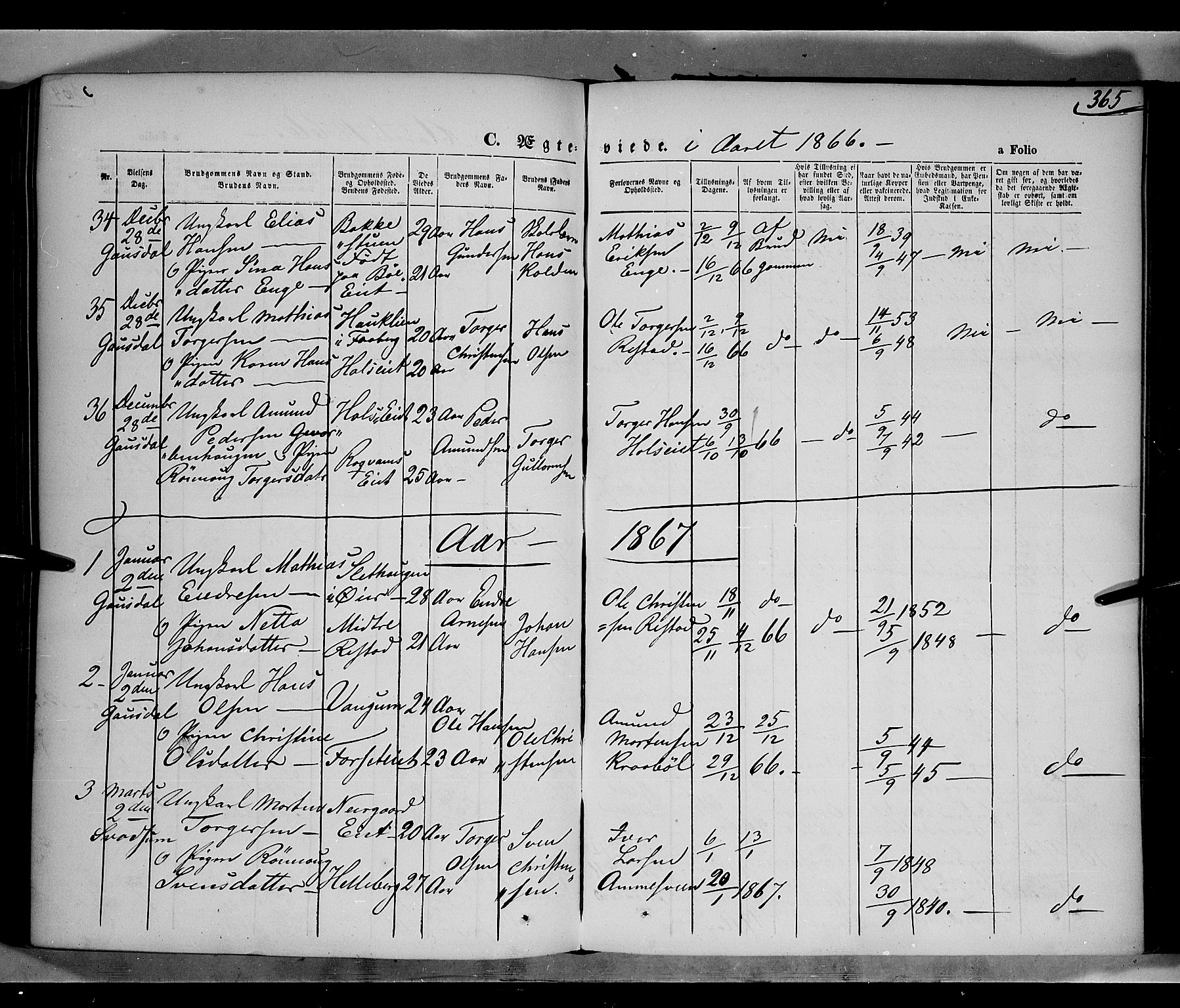 Gausdal prestekontor, SAH/PREST-090/H/Ha/Haa/L0009: Parish register (official) no. 9, 1862-1873, p. 365