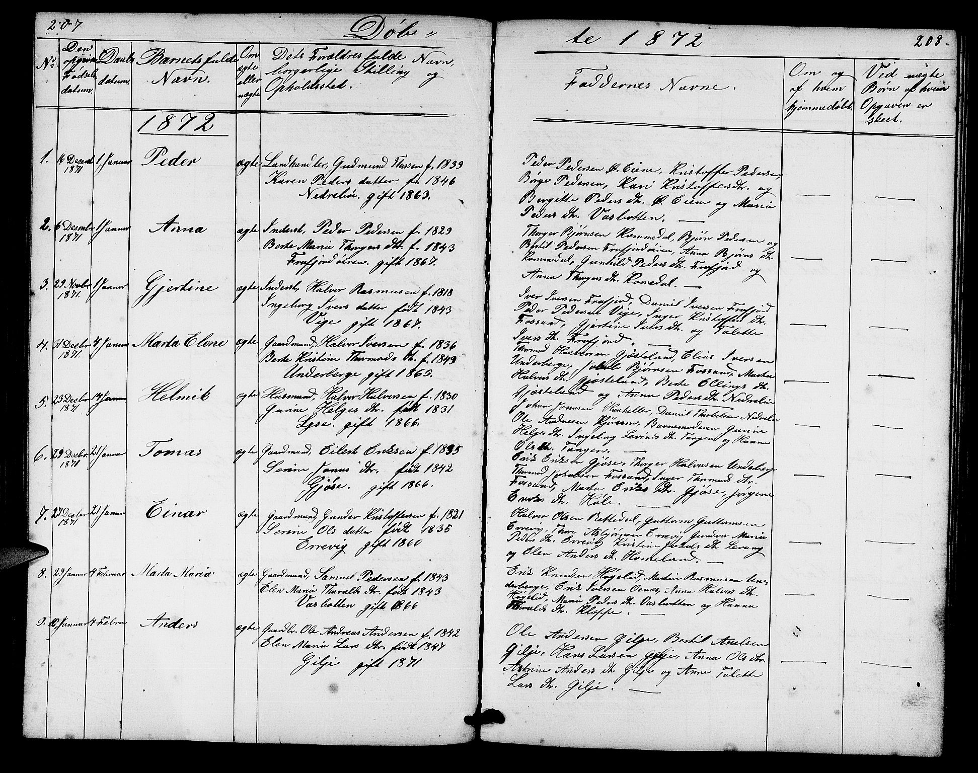 Høgsfjord sokneprestkontor, SAST/A-101624/H/Ha/Hab/L0002: Parish register (copy) no. B 2, 1855-1882, p. 207-208