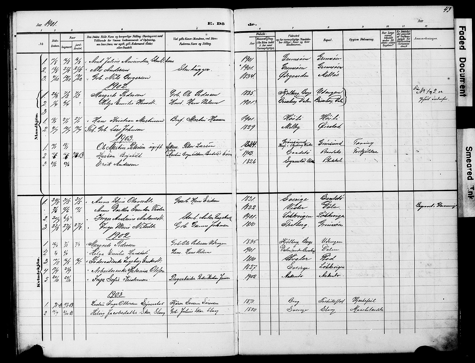 Skjeberg prestekontor Kirkebøker, SAO/A-10923/G/Ge/L0001: Parish register (copy) no. V 1, 1901-1931, p. 43