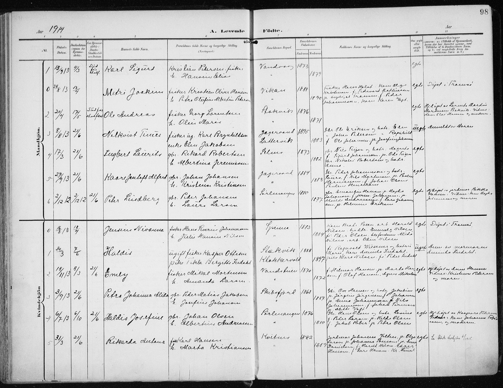 Karlsøy sokneprestembete, SATØ/S-1299/H/Ha/Haa/L0014kirke: Parish register (official) no. 14, 1903-1917, p. 98
