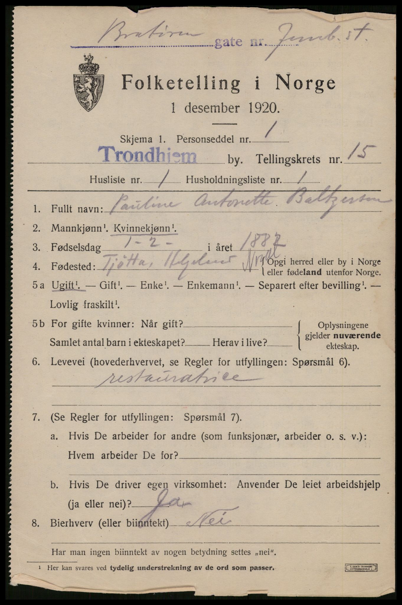 SAT, 1920 census for Trondheim, 1920, p. 52422