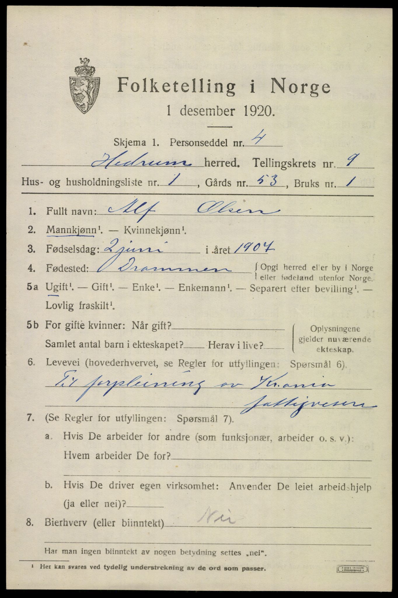 SAKO, 1920 census for Hedrum, 1920, p. 6823