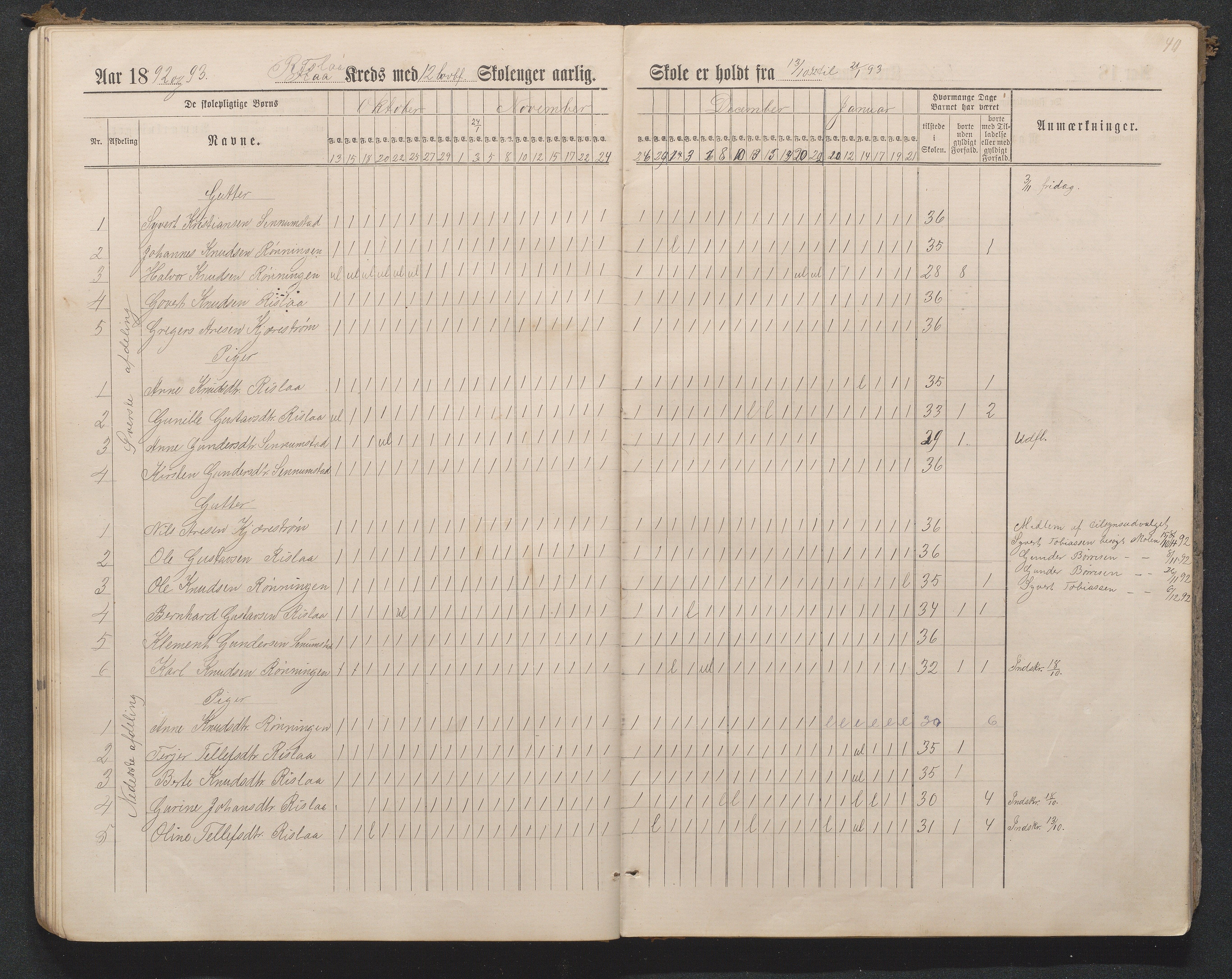 Birkenes kommune, Flå, Senumstad og Rislå skolekretser frem til 1991, AAMA/KA0928-550b_91/F02/L0001: Dagbok for Flå og Rislå, 1886-1900, p. 40