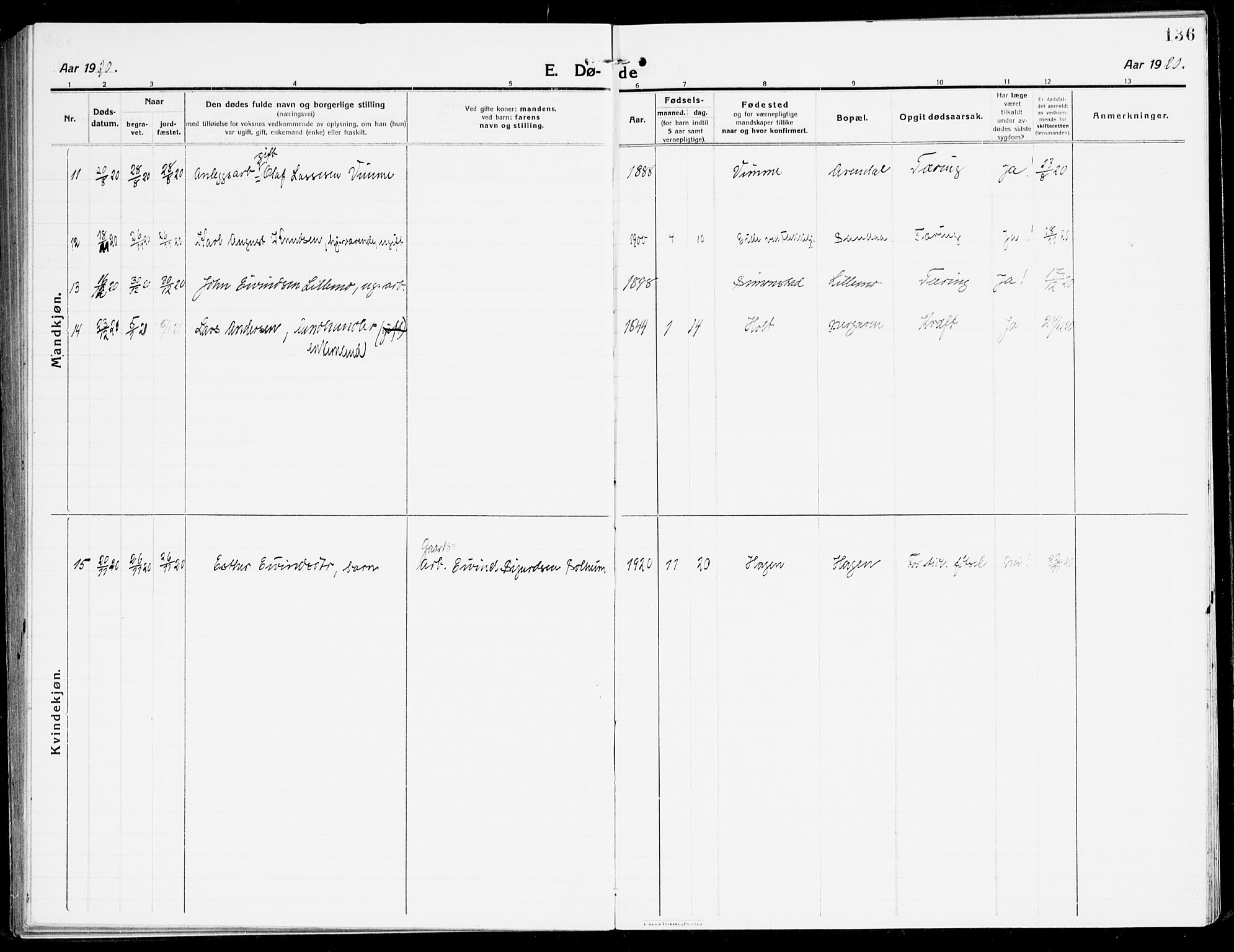 Åmli sokneprestkontor, SAK/1111-0050/F/Fa/Fac/L0013: Parish register (official) no. A 13, 1914-1933, p. 136