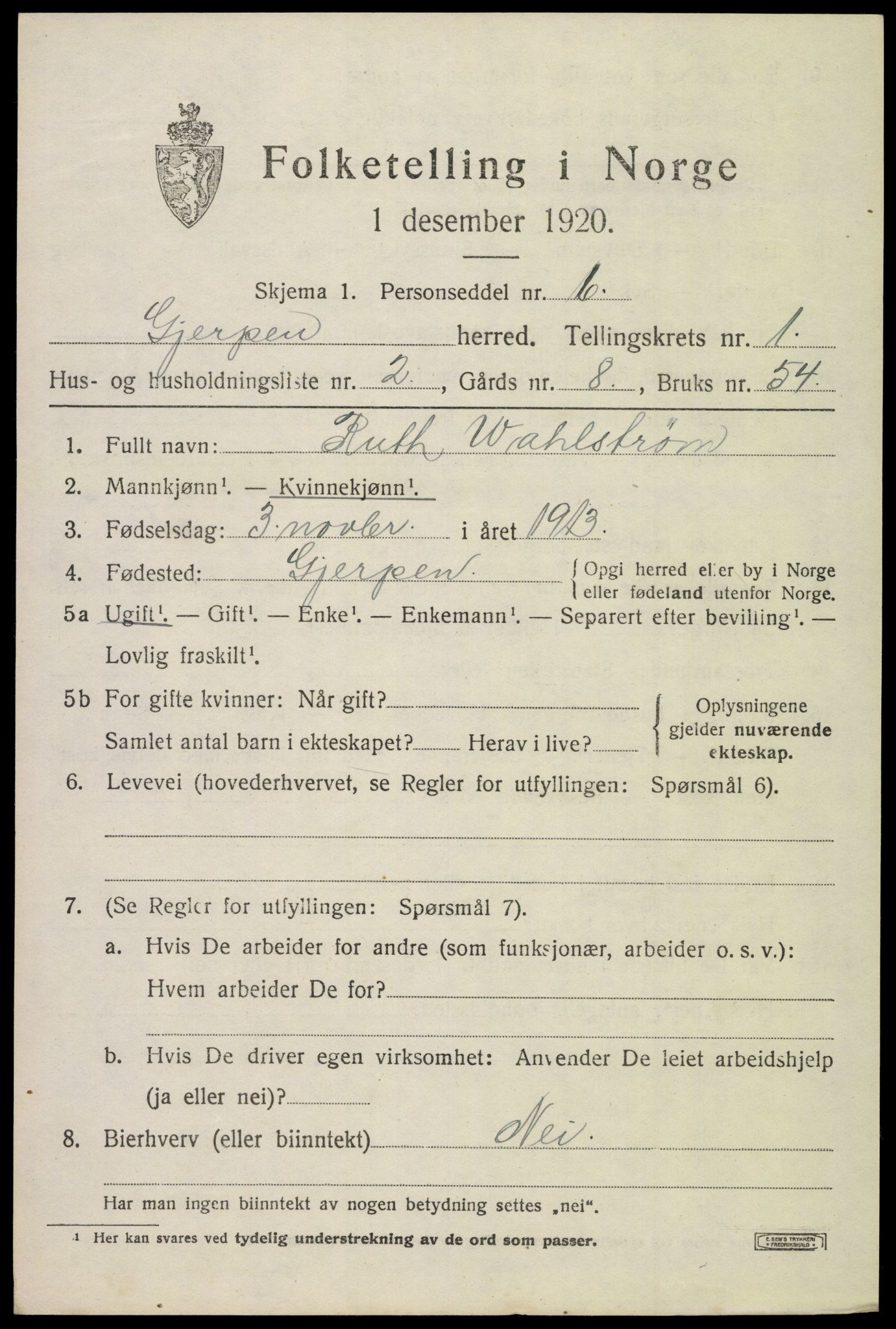 SAKO, 1920 census for Gjerpen, 1920, p. 2710