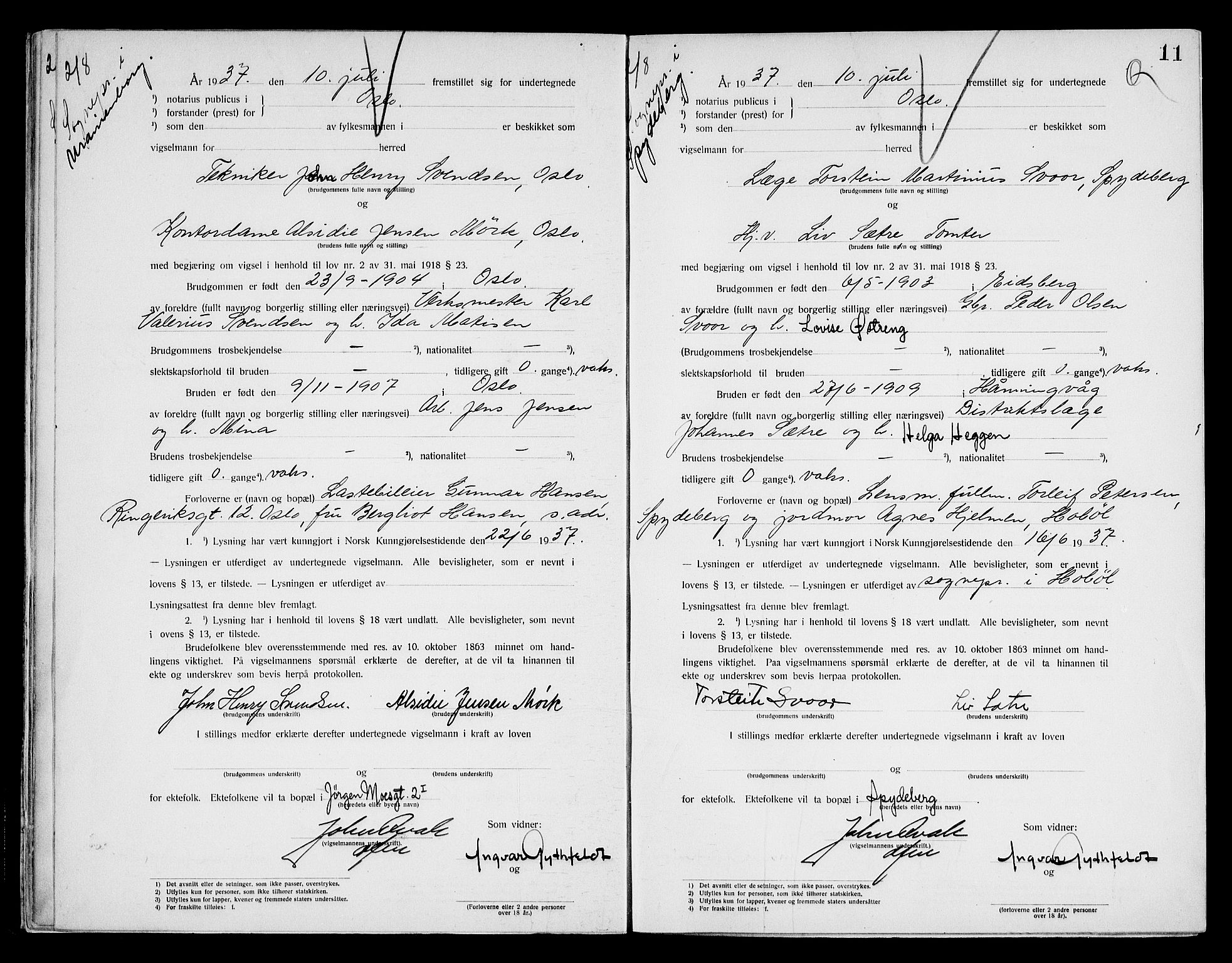 Oslo byfogd avd. I, AV/SAO-A-10220/L/Lb/Lbb/L0028: Notarialprotokoll, rekke II: Vigsler, 1937, p. 10b-11a