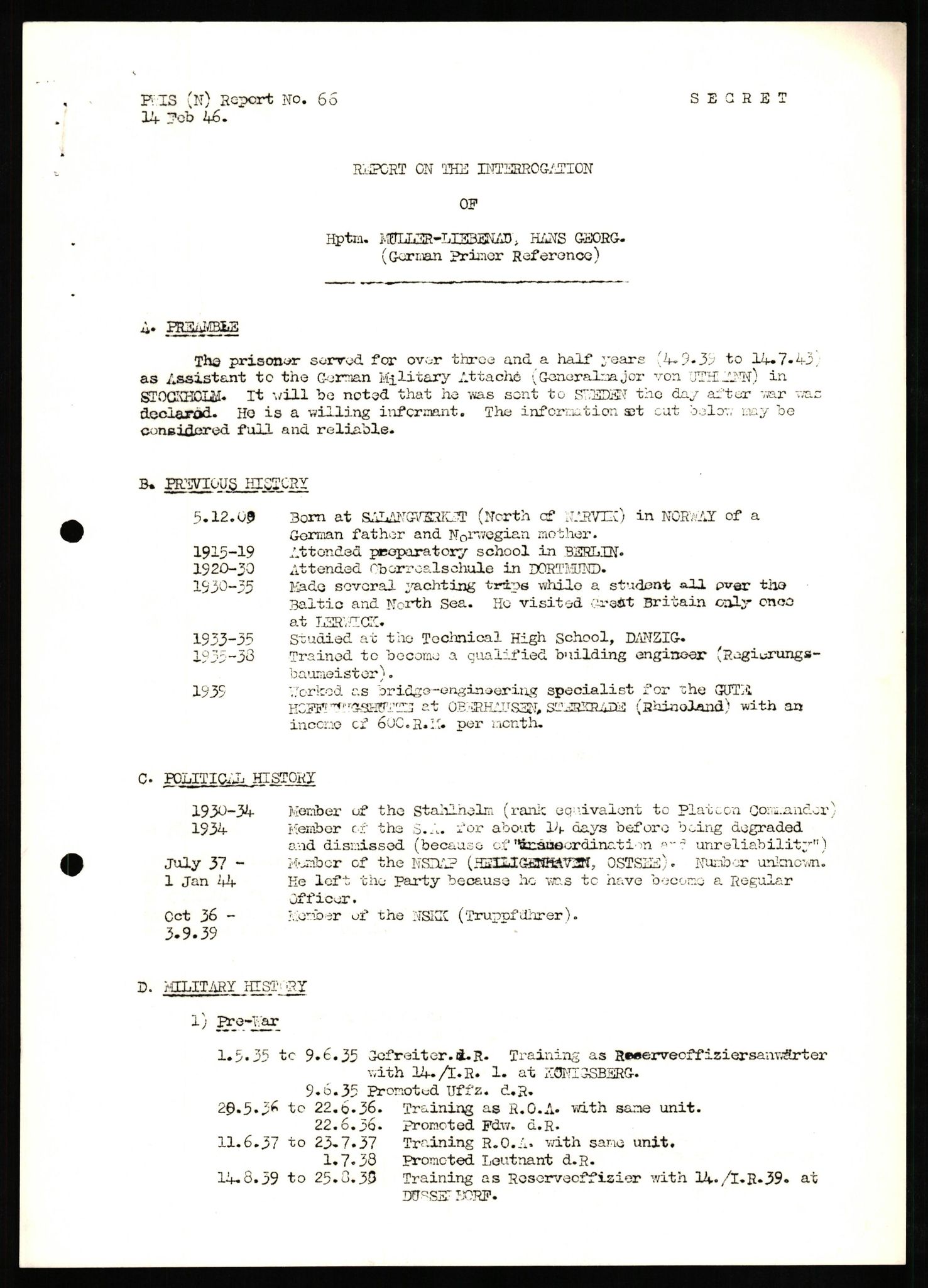 Forsvaret, Forsvarets overkommando II, RA/RAFA-3915/D/Db/L0023: CI Questionaires. Tyske okkupasjonsstyrker i Norge. Tyskere., 1945-1946, p. 299