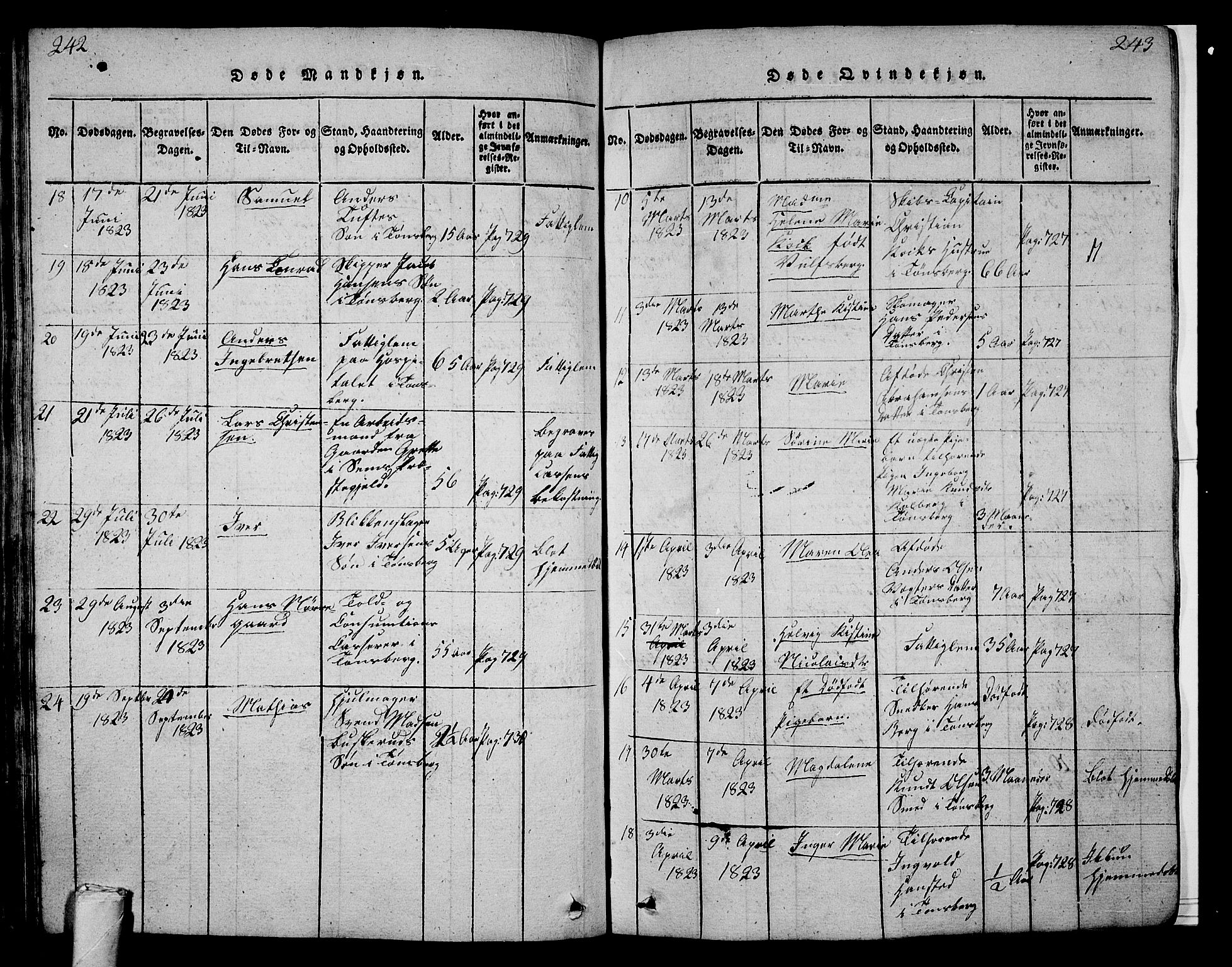 Tønsberg kirkebøker, SAKO/A-330/G/Ga/L0001: Parish register (copy) no. 1, 1813-1826, p. 242-243