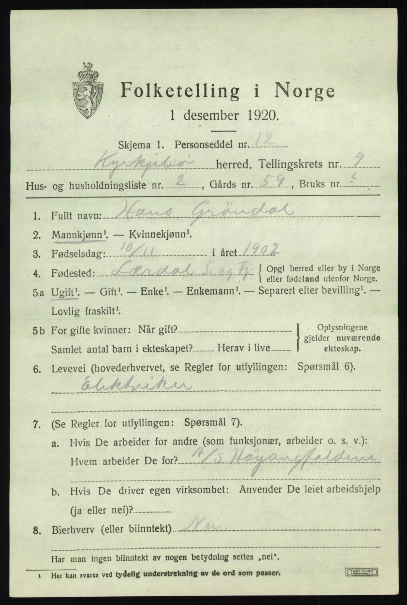 SAB, 1920 census for Kyrkjebø, 1920, p. 3923