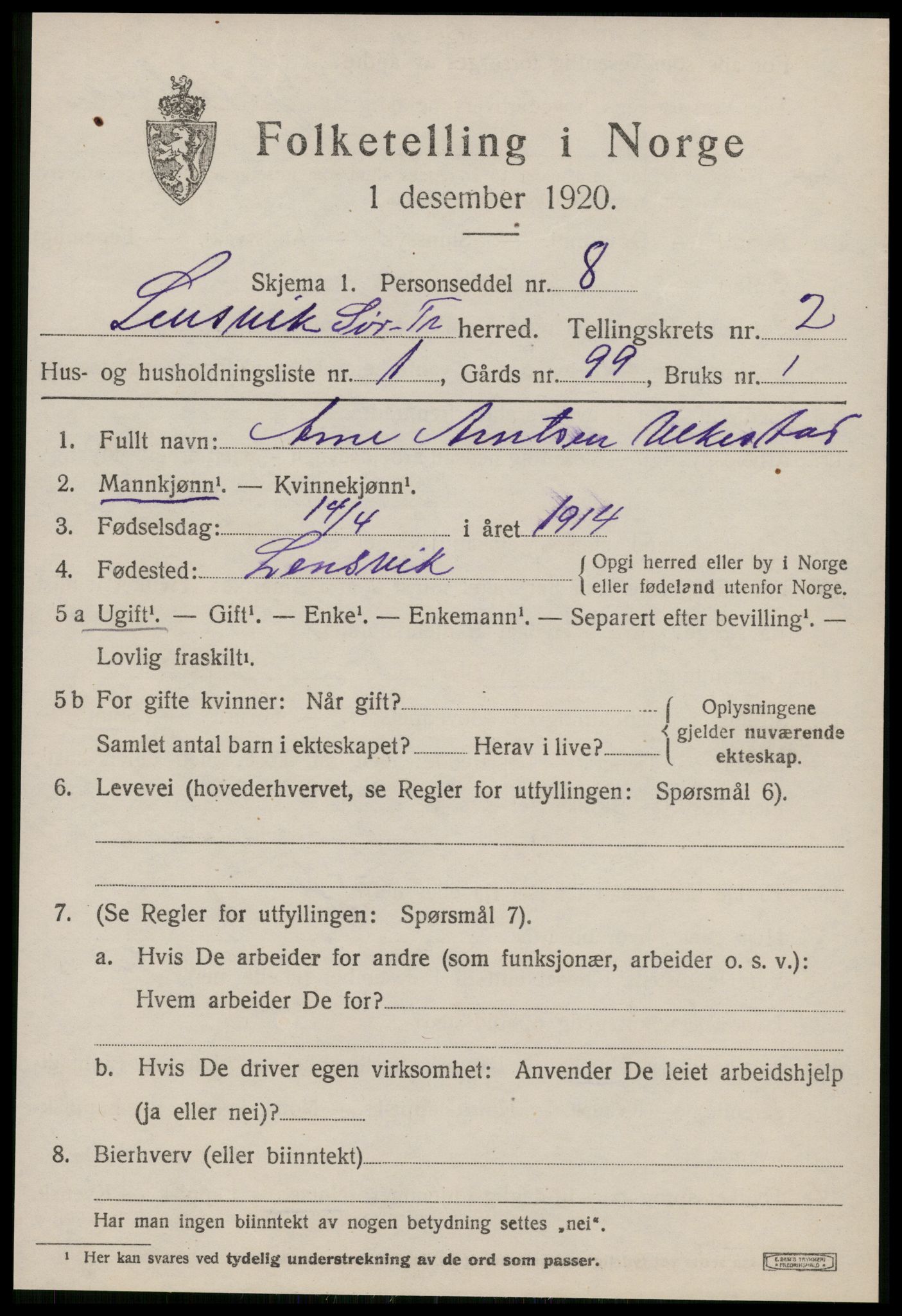 SAT, 1920 census for Lensvik, 1920, p. 1296