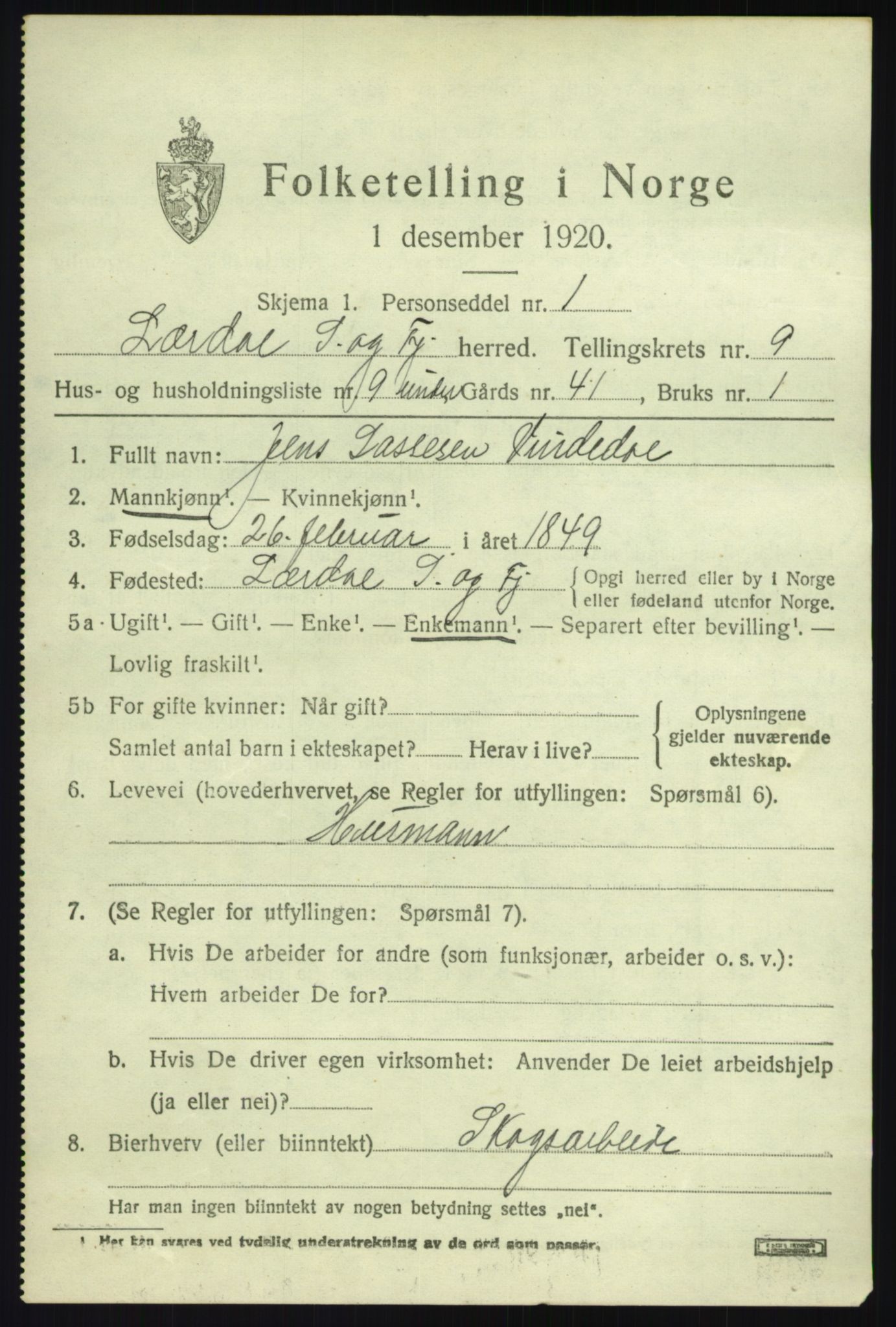 SAB, 1920 census for Lærdal, 1920, p. 4348