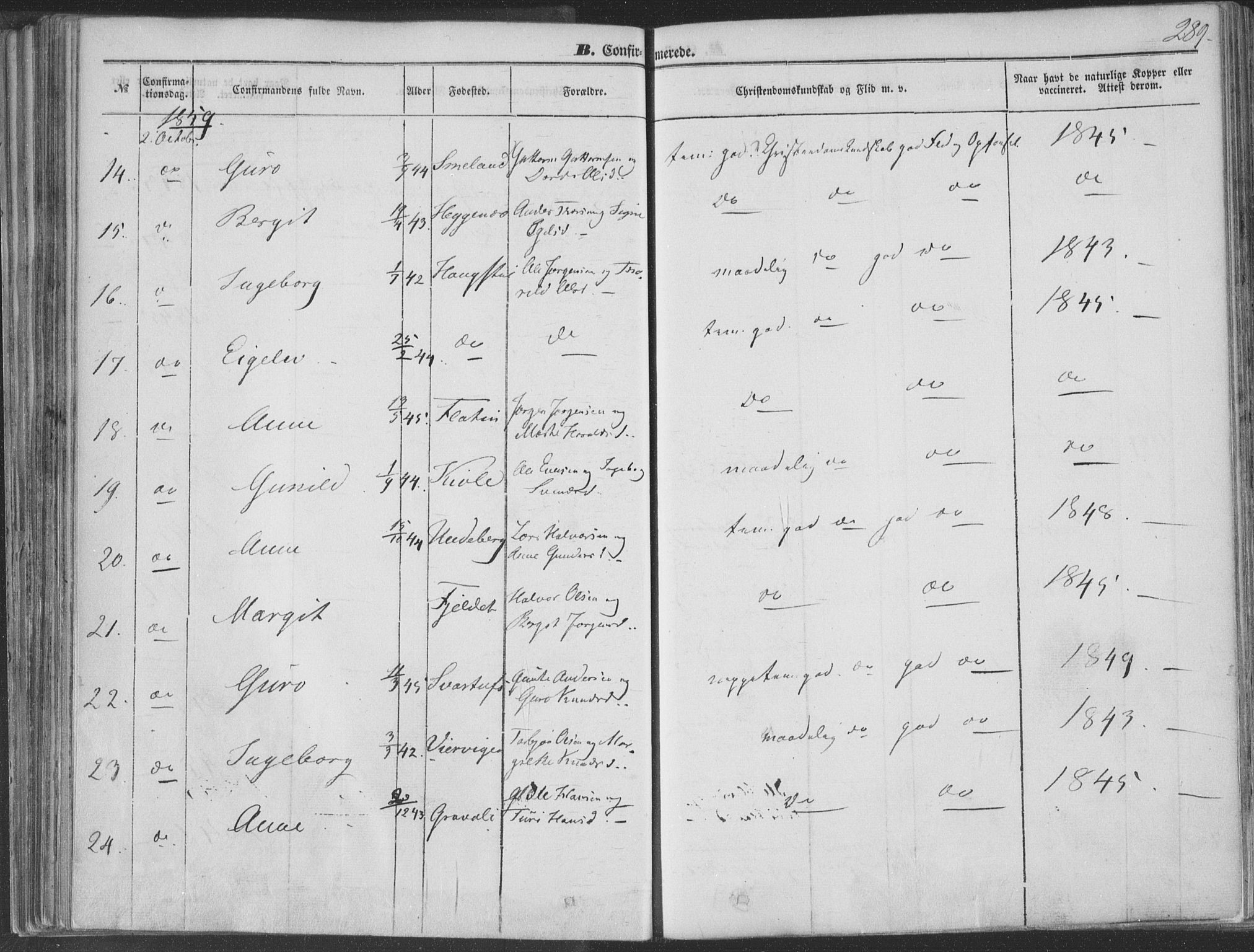 Seljord kirkebøker, AV/SAKO-A-20/F/Fa/L012b: Parish register (official) no. I 12B, 1850-1865, p. 289