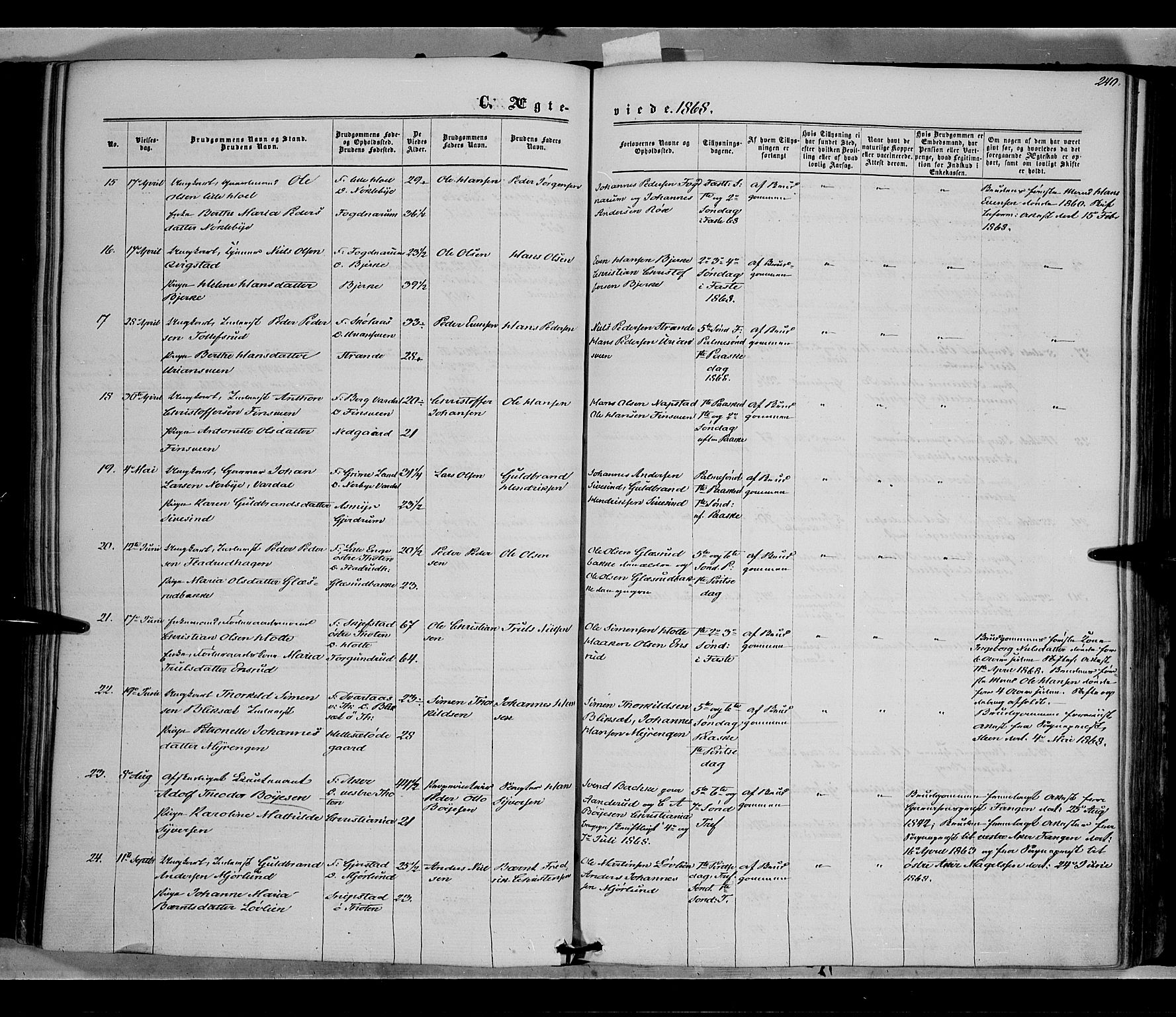 Vestre Toten prestekontor, AV/SAH-PREST-108/H/Ha/Haa/L0007: Parish register (official) no. 7, 1862-1869, p. 240