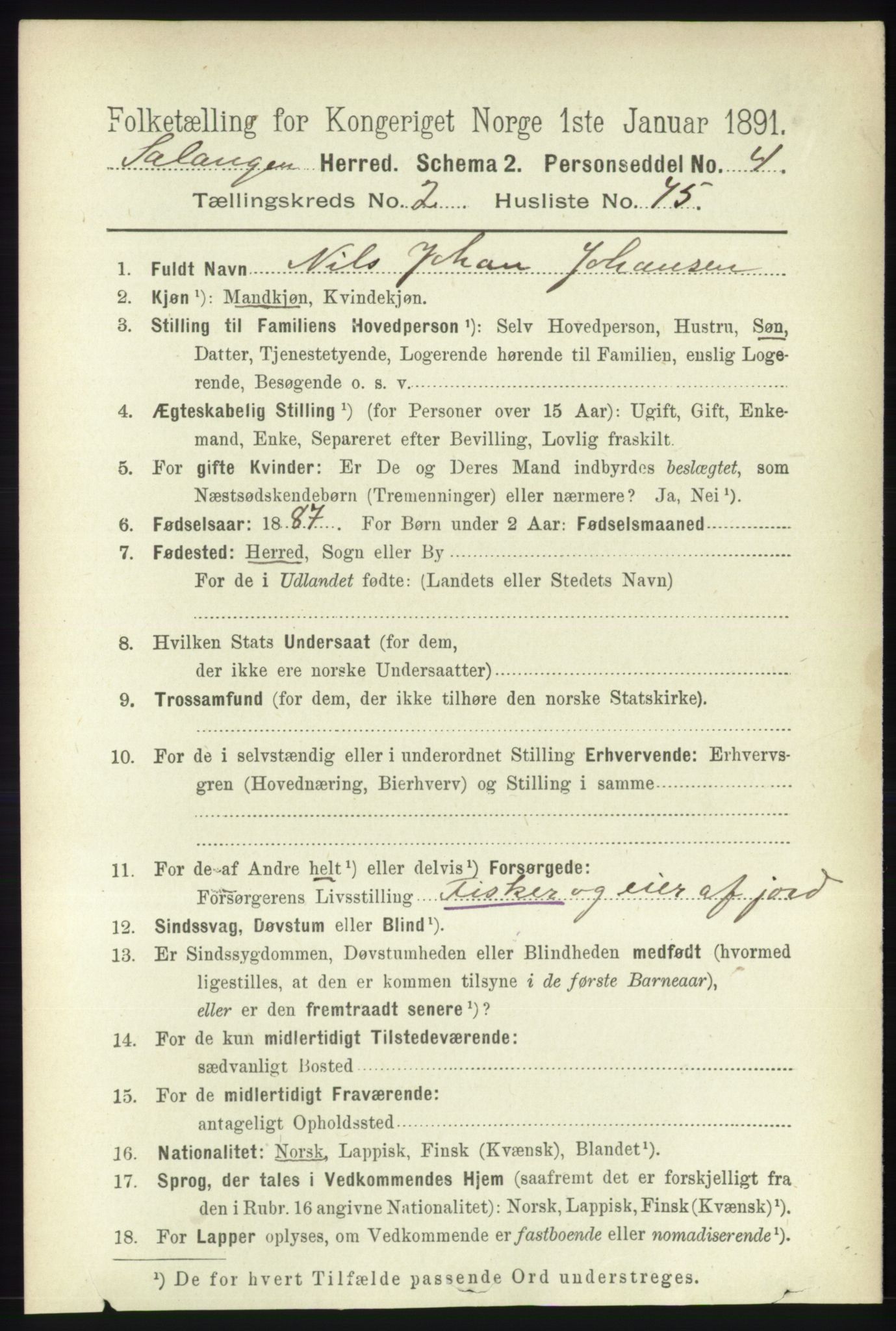 RA, 1891 census for 1921 Salangen, 1891, p. 1130