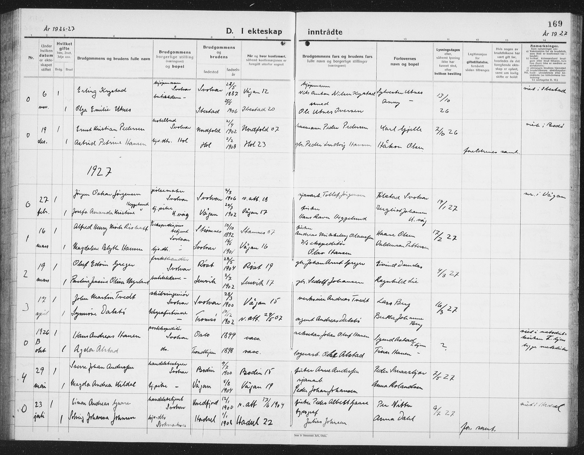 Ministerialprotokoller, klokkerbøker og fødselsregistre - Nordland, SAT/A-1459/877/L1117: Parish register (copy) no. 877C01, 1923-1942, p. 169