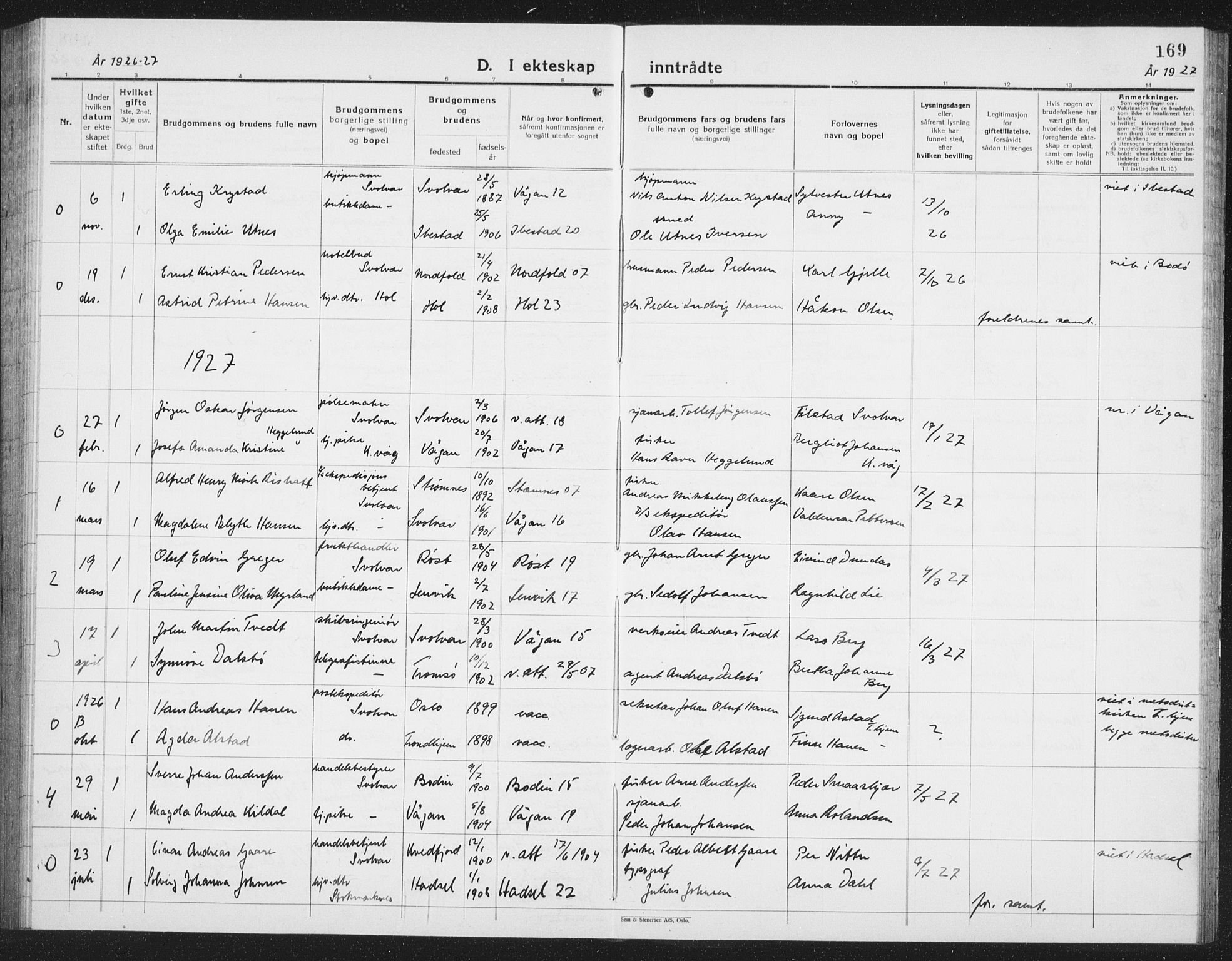 Ministerialprotokoller, klokkerbøker og fødselsregistre - Nordland, AV/SAT-A-1459/877/L1117: Parish register (copy) no. 877C01, 1923-1942, p. 169