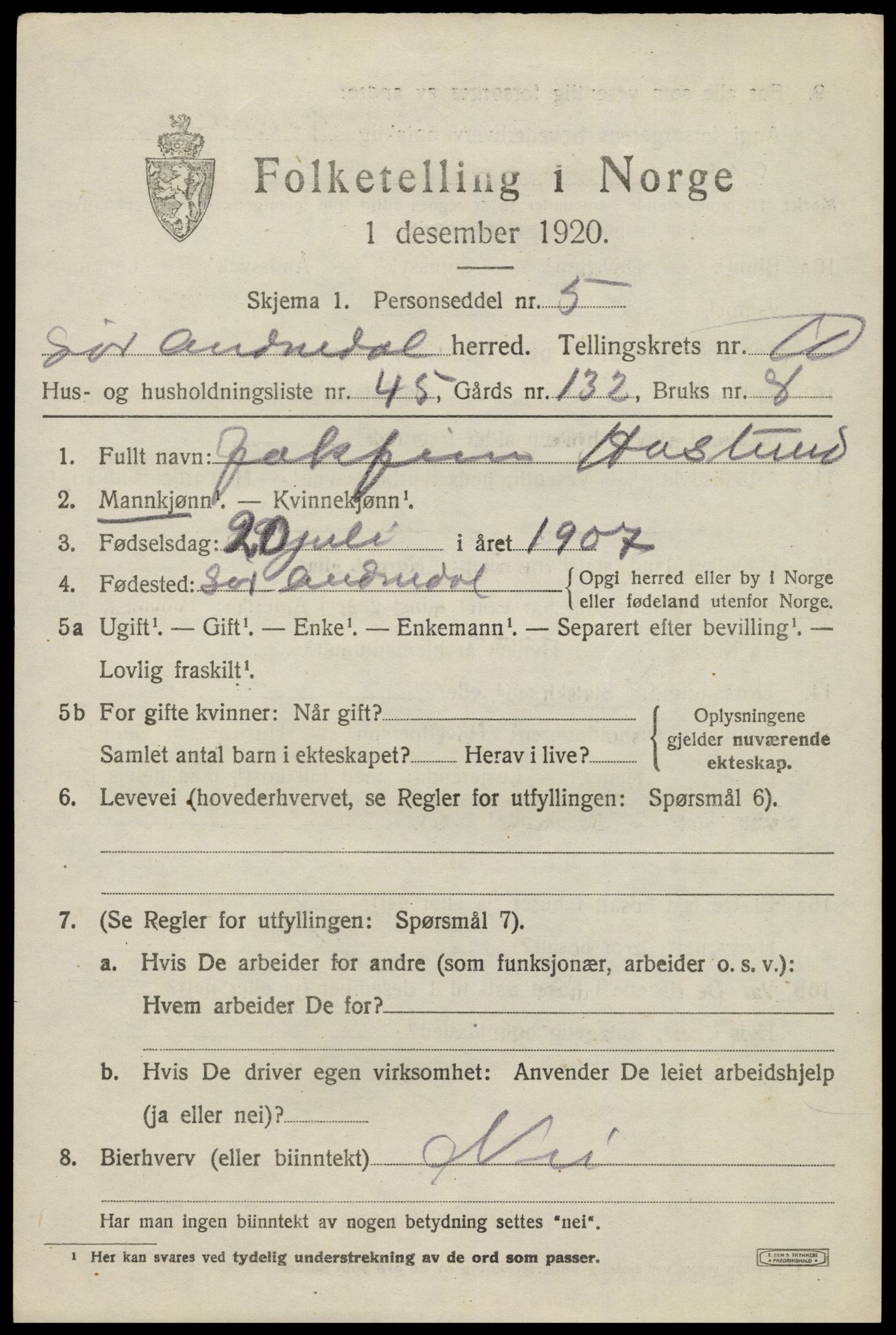 SAK, 1920 census for Sør-Audnedal, 1920, p. 4221