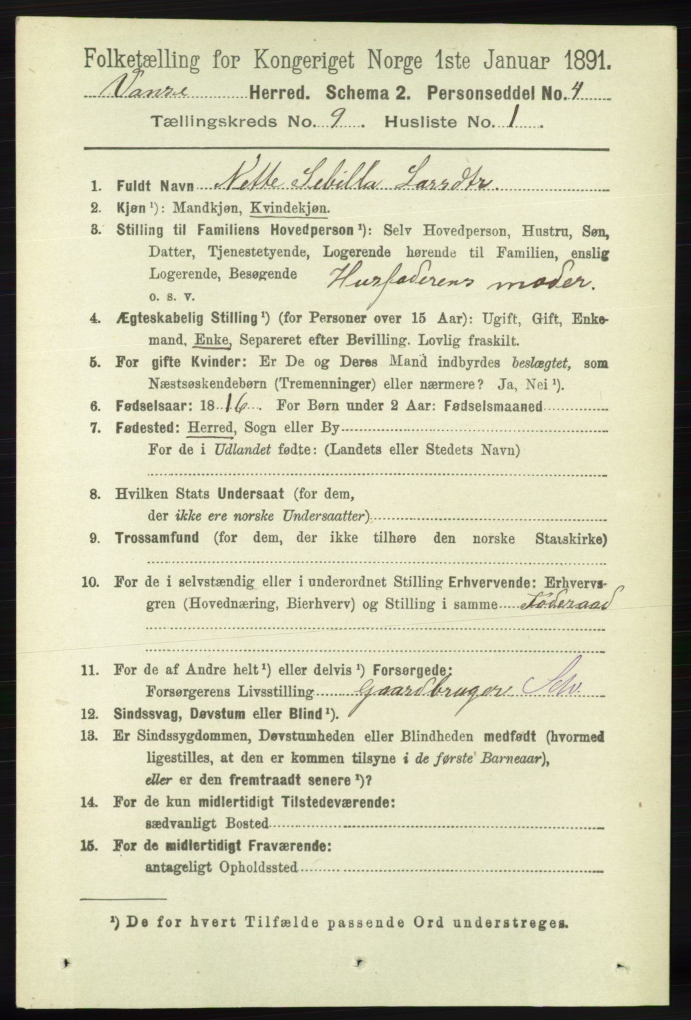 RA, 1891 census for 1041 Vanse, 1891, p. 5271