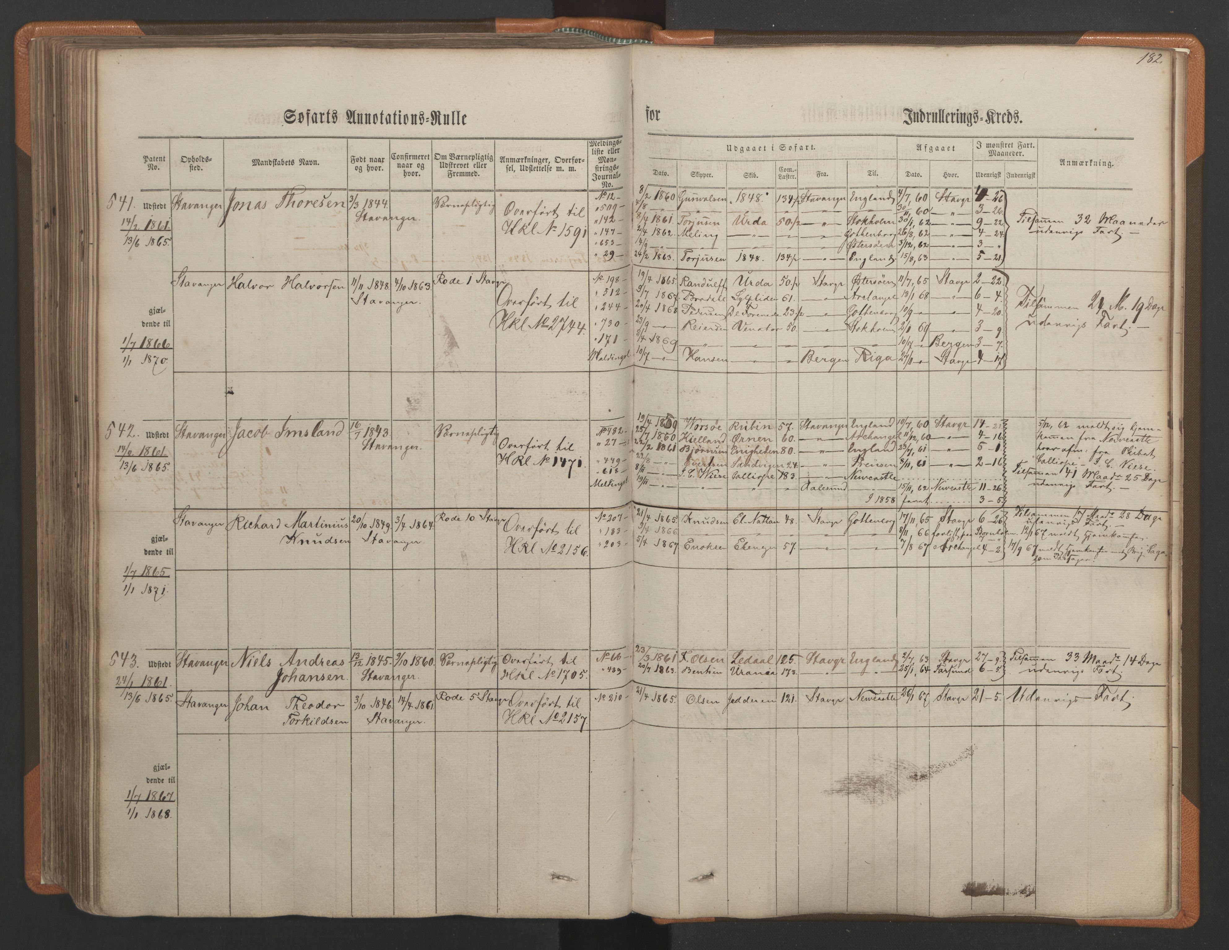 Stavanger sjømannskontor, AV/SAST-A-102006/F/Ff/L0001: Annotasjonsrulle, patentnr. 1-597 (del 1), 1860-1864, p. 192