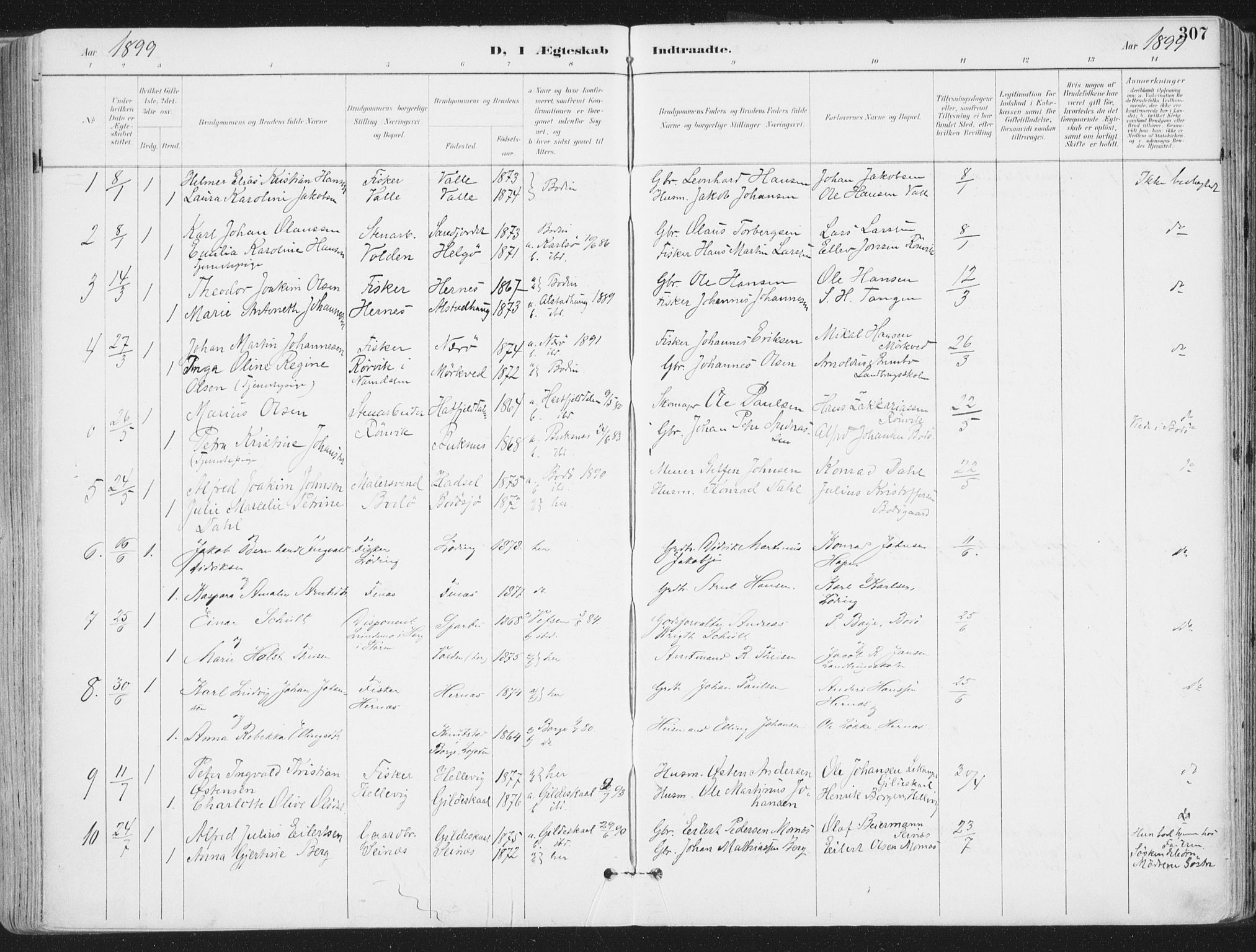 Ministerialprotokoller, klokkerbøker og fødselsregistre - Nordland, SAT/A-1459/802/L0055: Parish register (official) no. 802A02, 1894-1915, p. 307