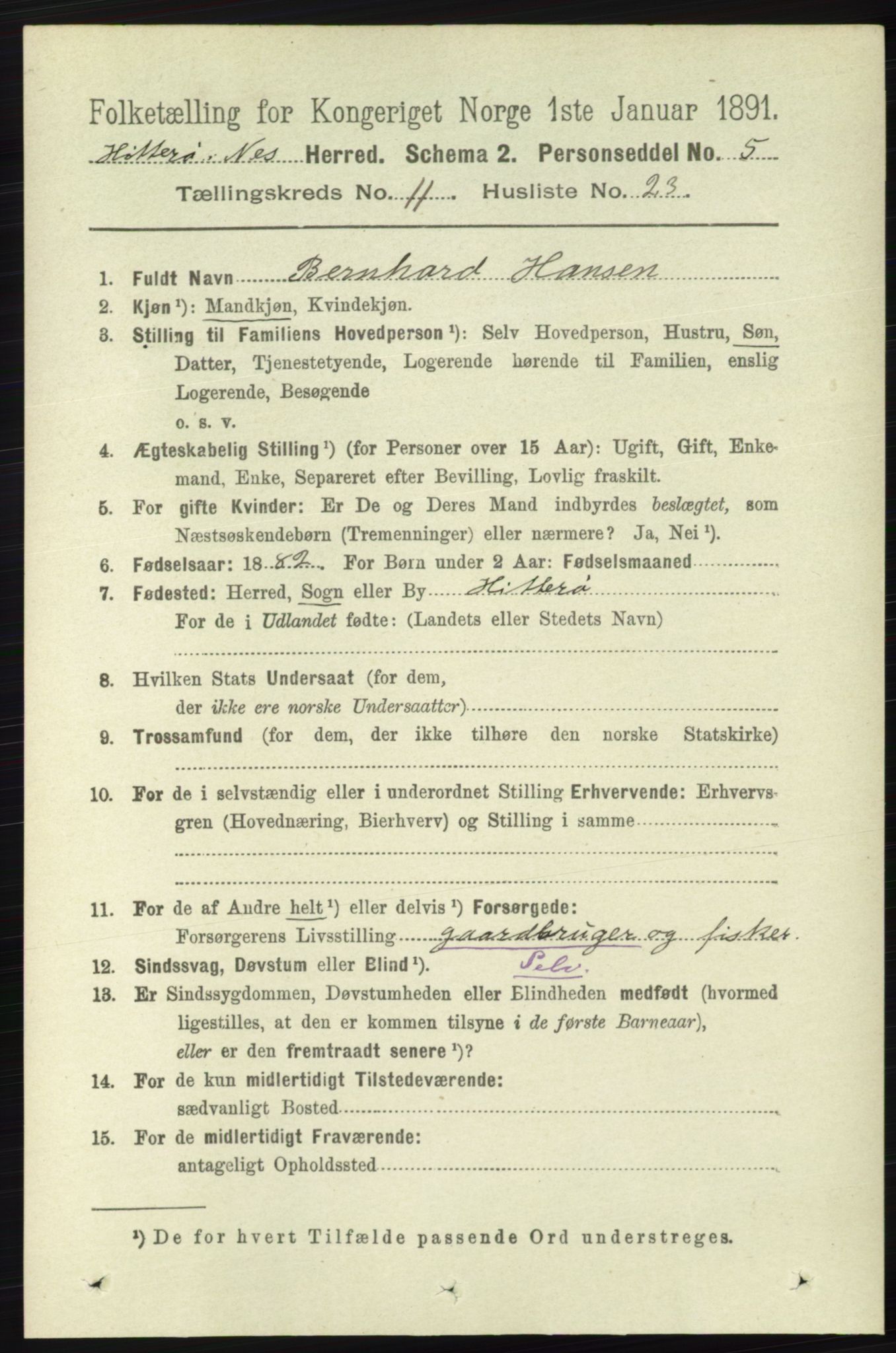RA, 1891 census for 1043 Hidra og Nes, 1891, p. 4604