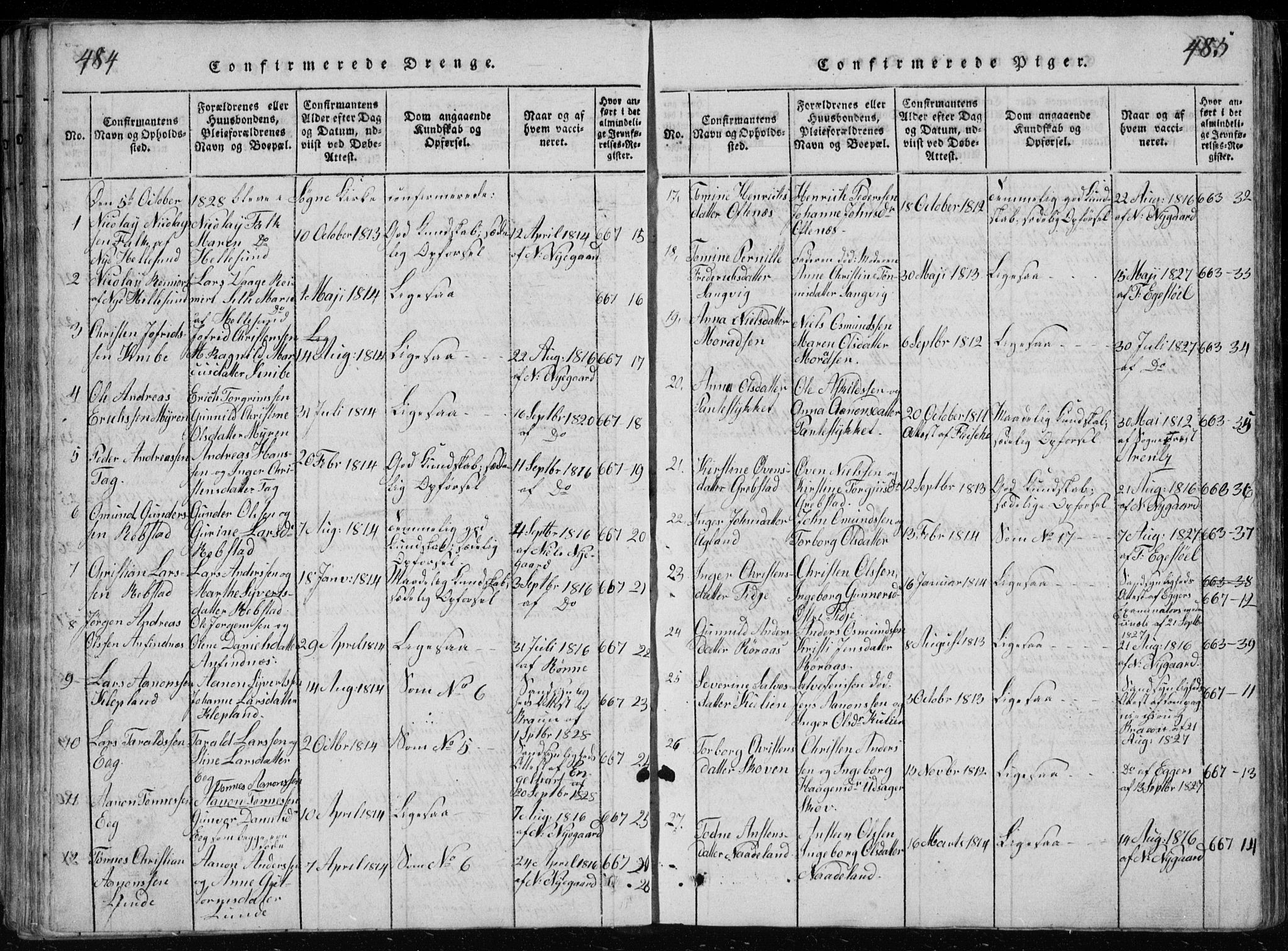 Søgne sokneprestkontor, AV/SAK-1111-0037/F/Fb/Fbb/L0002: Parish register (copy) no. B 2, 1821-1838, p. 484-485