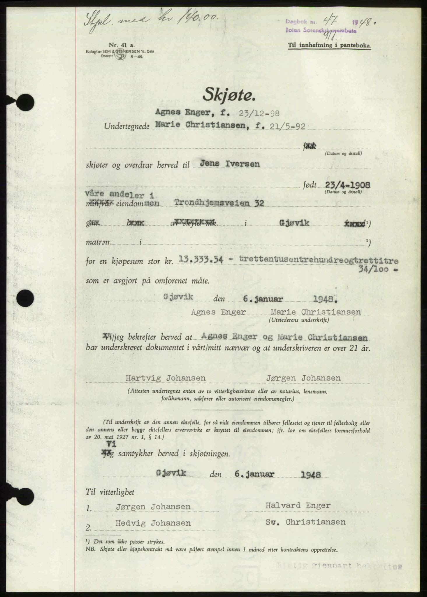 Toten tingrett, AV/SAH-TING-006/H/Hb/Hbc/L0019: Mortgage book no. Hbc-19, 1947-1948, Diary no: : 47/1948