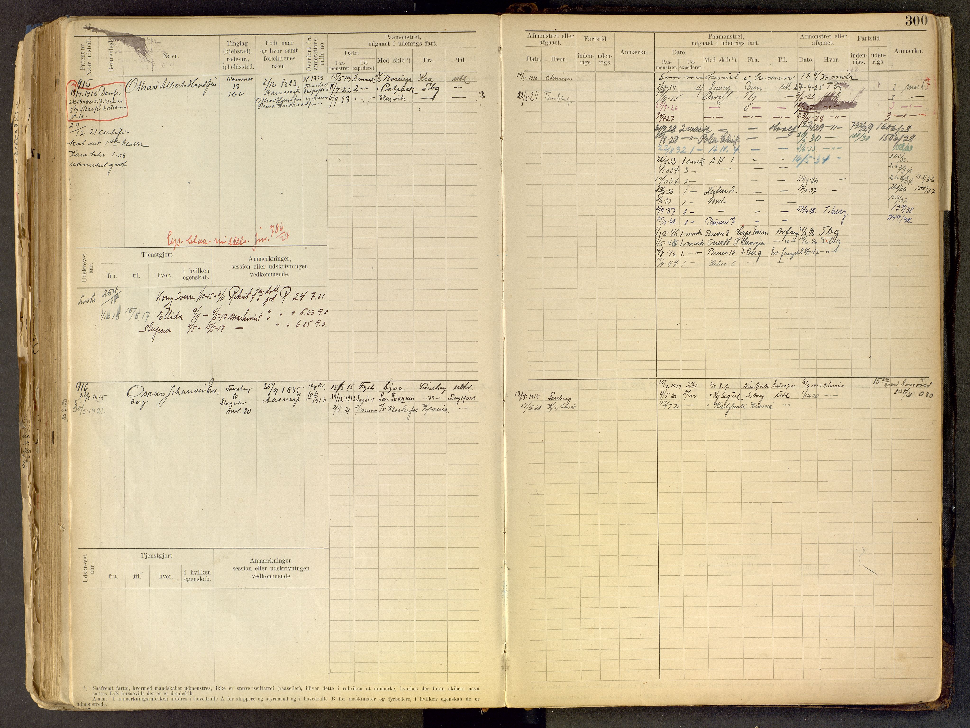 Tønsberg innrulleringskontor, SAKO/A-786/F/Fe/L0002: Maskinist- og fyrbøterrulle Patent nr. 315-1110, 1902-1924, p. 300