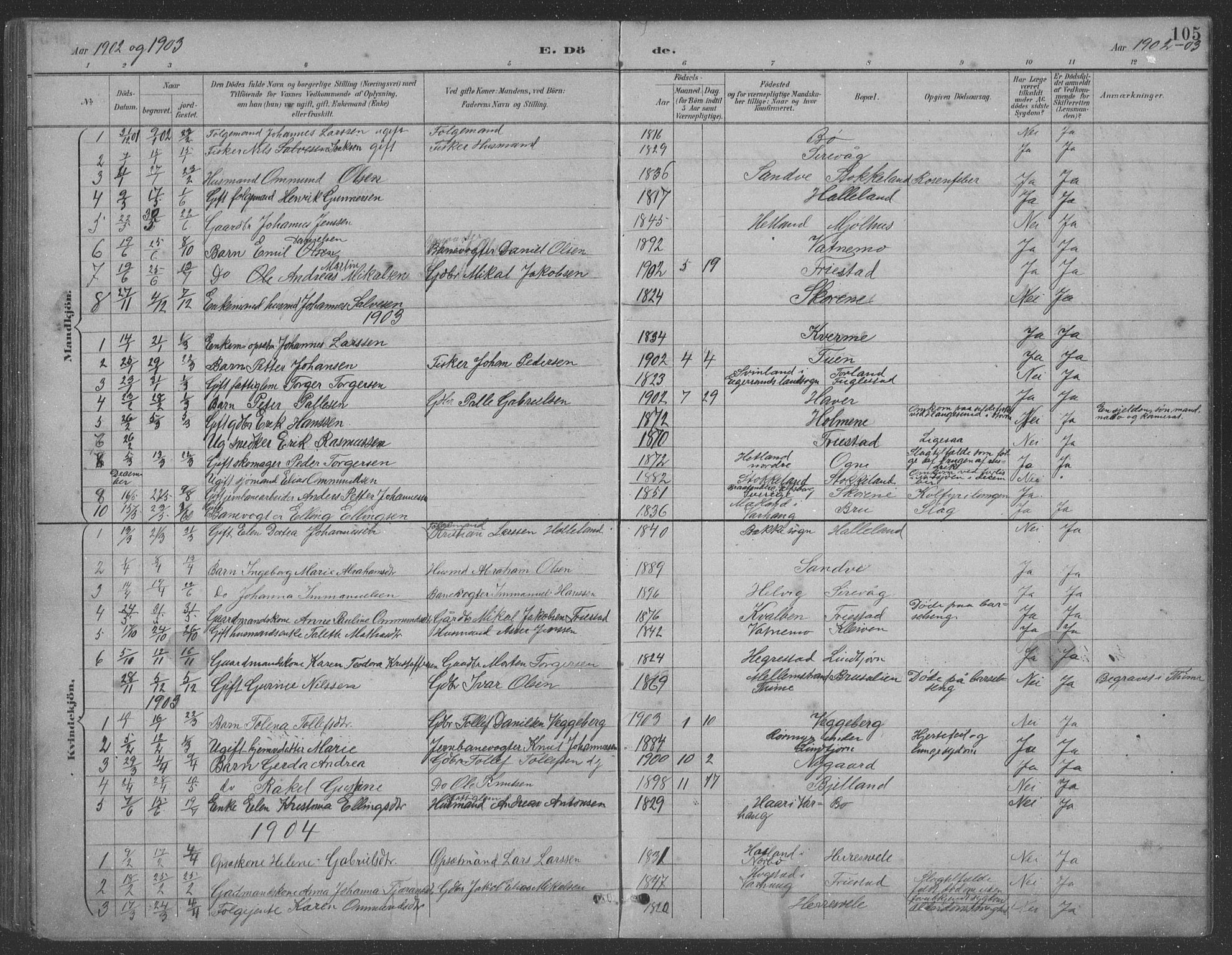 Eigersund sokneprestkontor, SAST/A-101807/S09: Parish register (copy) no. B 21, 1890-1915, p. 105