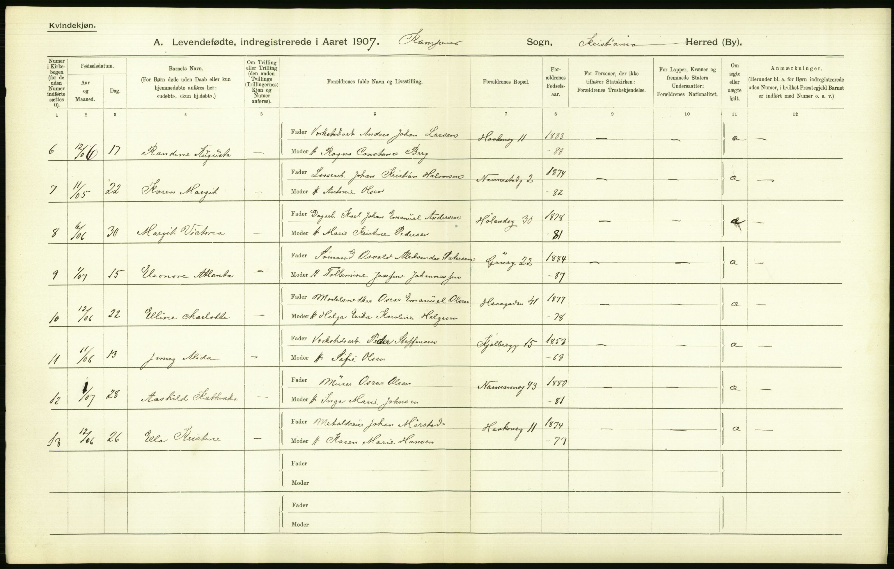 Statistisk sentralbyrå, Sosiodemografiske emner, Befolkning, AV/RA-S-2228/D/Df/Dfa/Dfae/L0007: Kristiania: Levendefødte menn og kvinner., 1907, p. 536