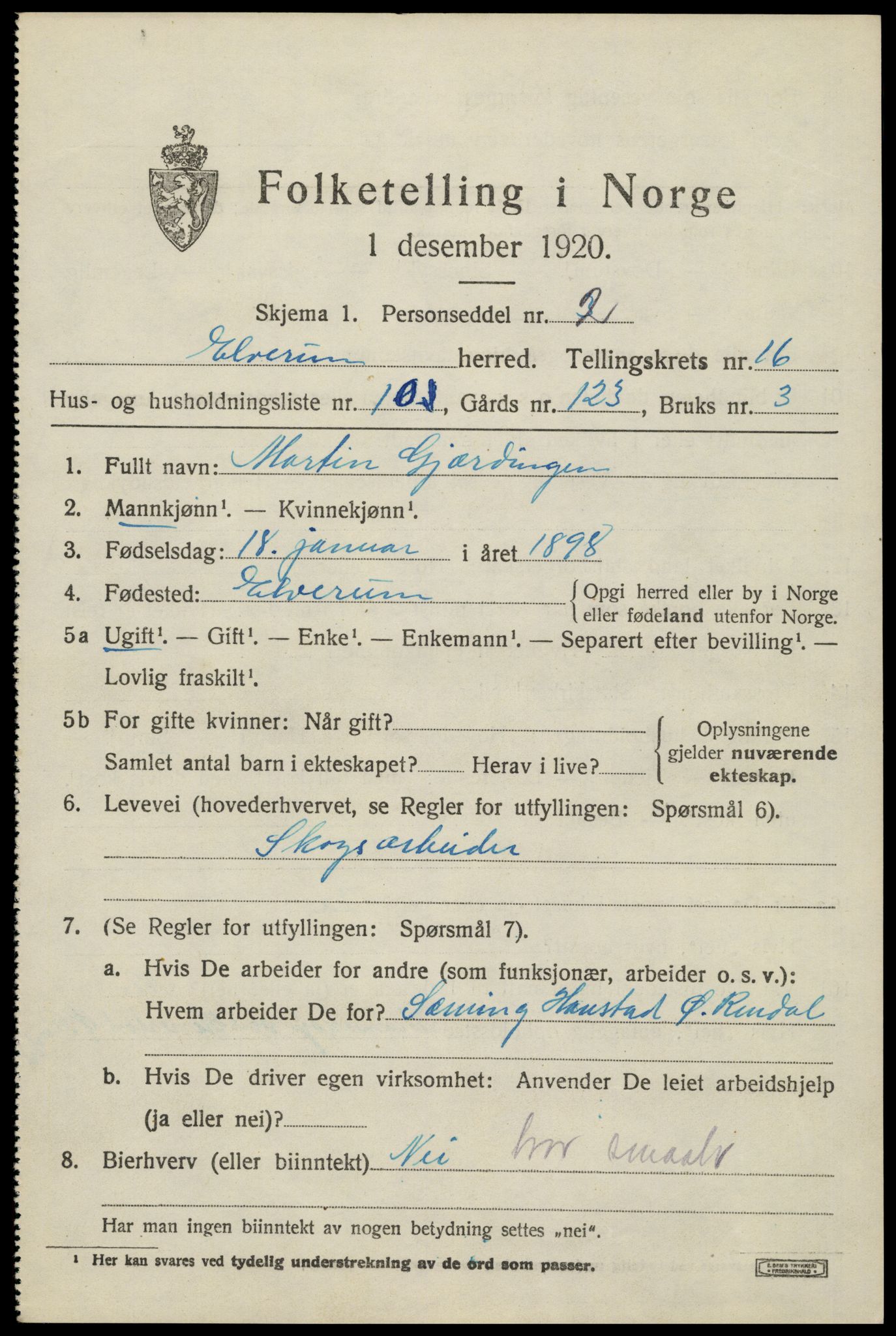 SAH, 1920 census for Elverum, 1920, p. 20904